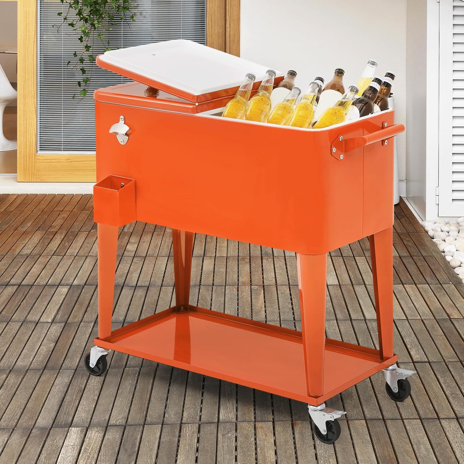 80 Quart Rolling Cooler, Outdoor Patio Alloy Steel Ice Chest with Wheels for Garden Backyard Party