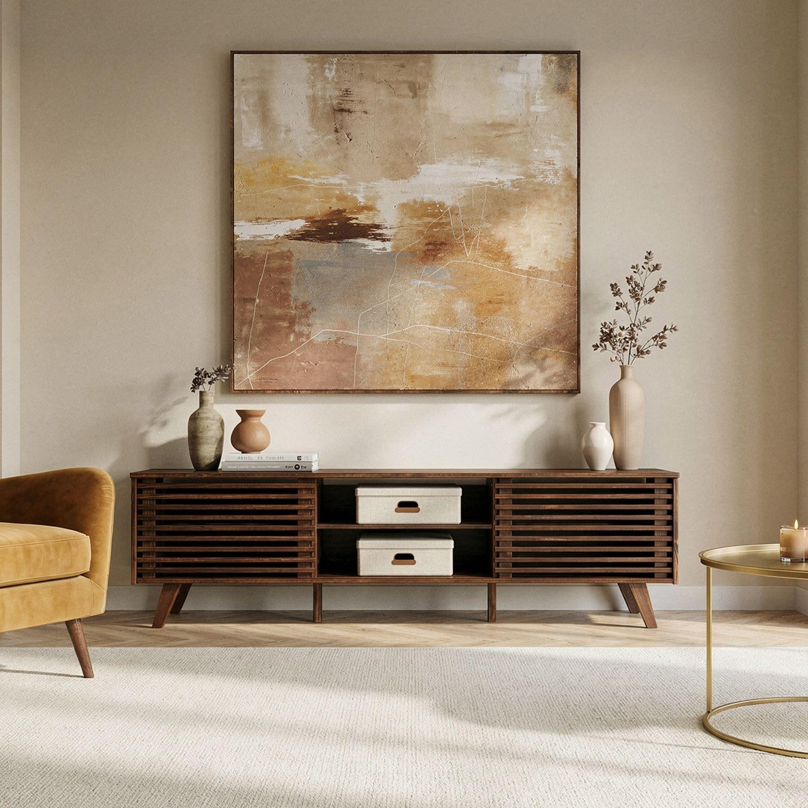 IDIMEX TV Lowboard RIAN mit 2 Schiebetüren für 75" TV Nussbaum Finish - TV Kommode aus massivem Kiefernholz, 3 verstellbare Einlegeböden, TV Sideboard