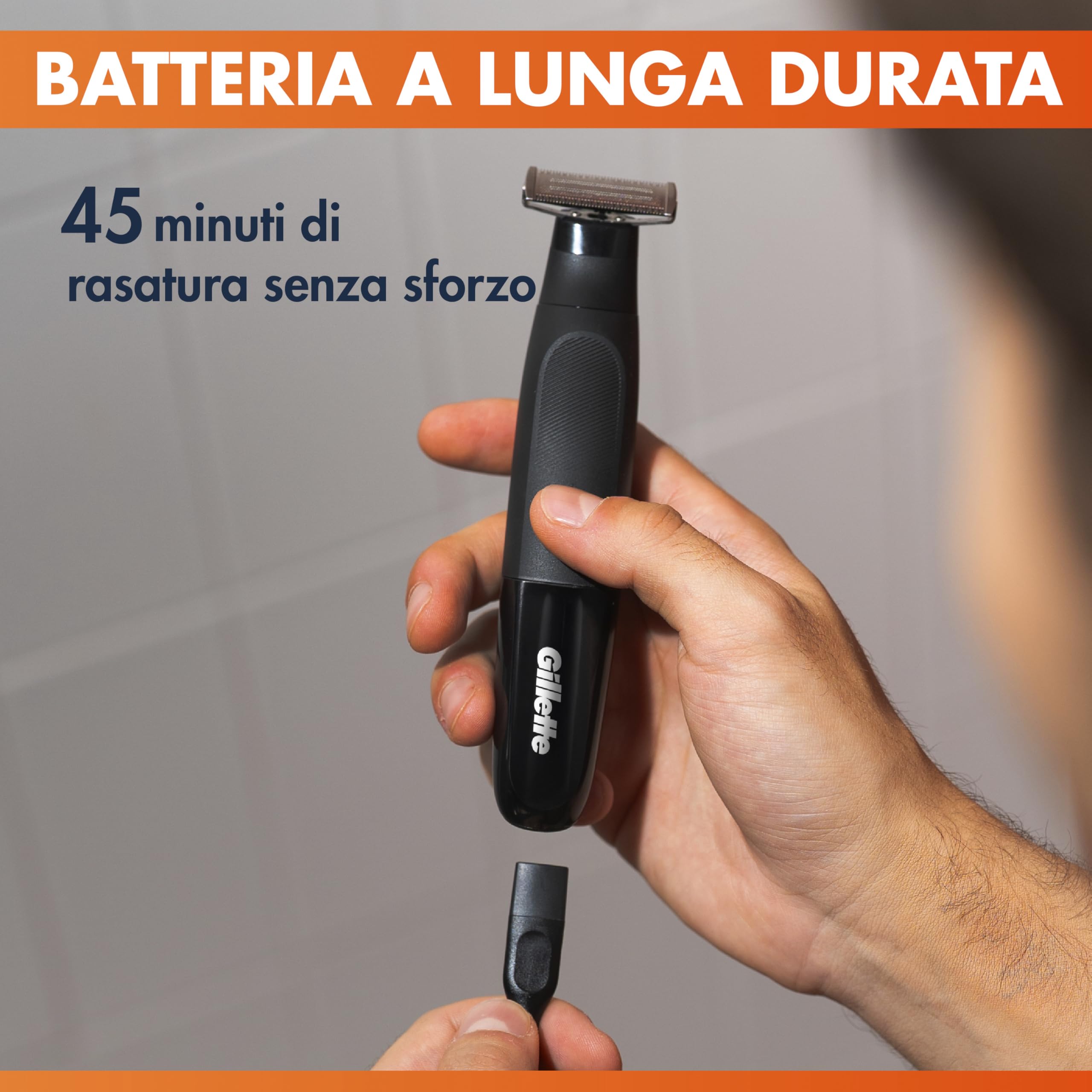 Gillette Fusion One Rasoio Elettrico Uomo per Barba e Corpo, 3 Pettini Barba (1, 2, 5 Mm) e 1 Pettine Corpo, Testina Oscillante, Impermeabile, Senza Fili, Autonomia di 45 Min, Tecnologia Braun