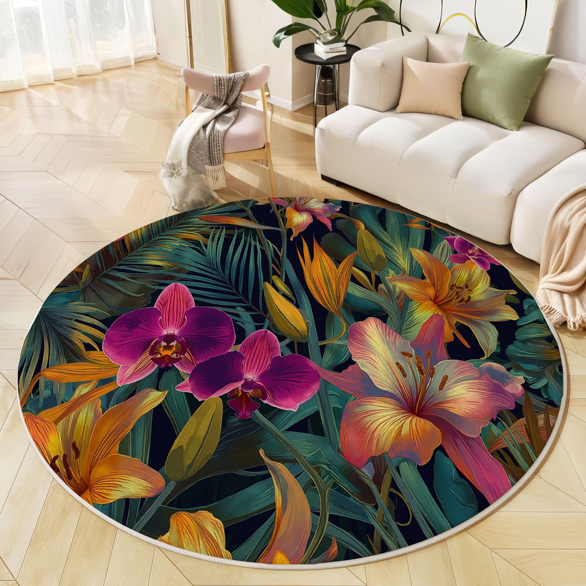 Tapis rond salon orchidées et lys 120cm antidérapant bleu-vert