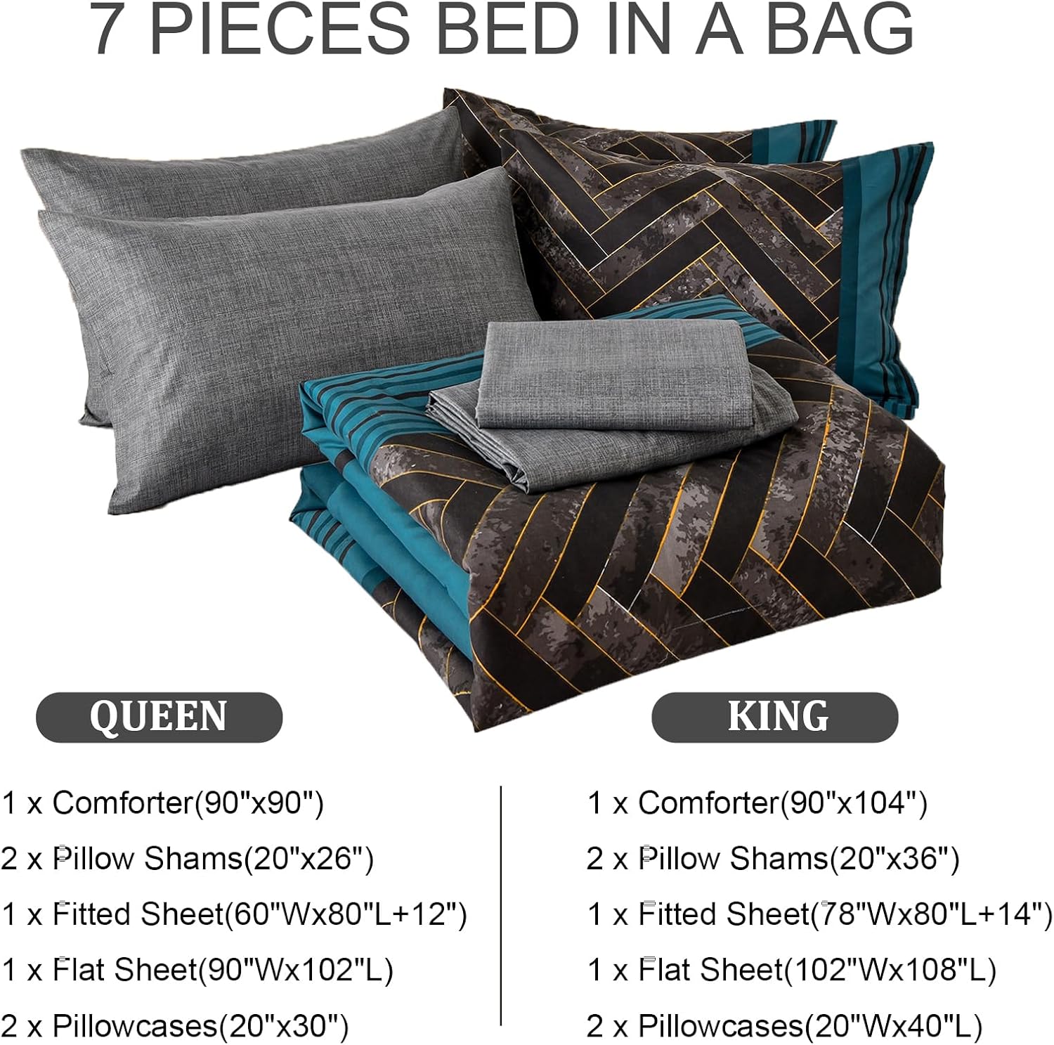 Luxudecor Teal Blue Comforter Set Queen Size, 7 Pieces Blue and Black Stripe Bed in a Bag, Geometric Comforter and Sheet Set, Soft Microfiber Complete Bedding Sets for All Seasons - Image 7