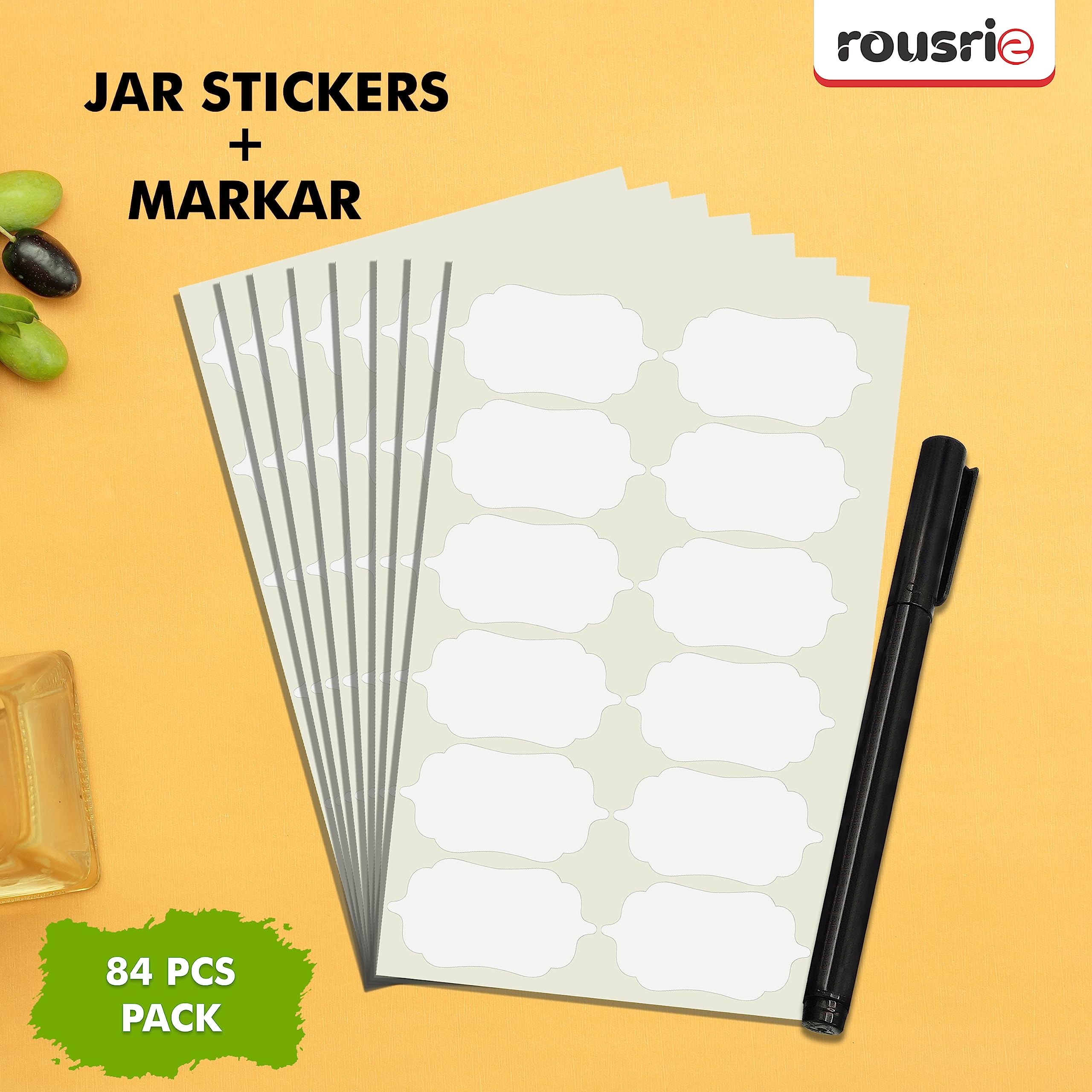 ROUSRIE Pack of 84 Reusable Waterproof White Same Shapes Mason Jars Labels Kitchen Pantry Spice Jars Glass Bottles – Best Stickers & Organizing Label with Black Marker 1