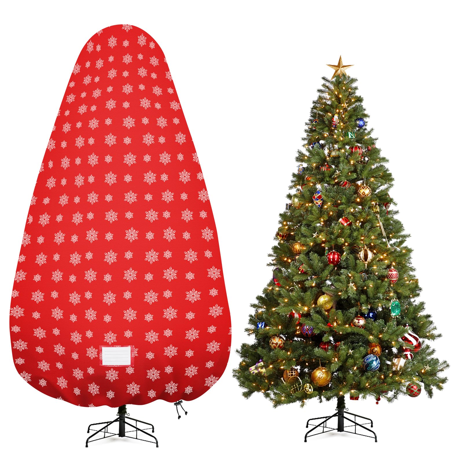 Delixike Upright Christmas Tree Storage Bag, Adjustable Straps, Tear Resistant, 7.5Foot Trees - Snow Printing Red