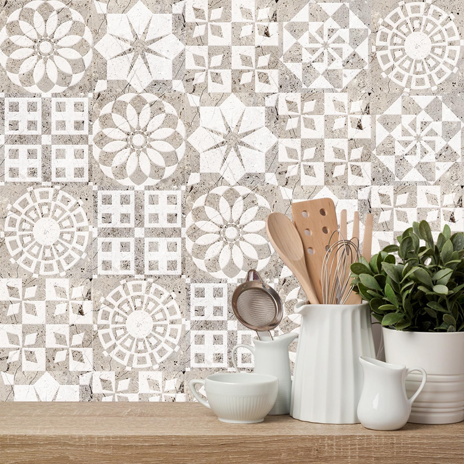 Stick on Tiles Mandala Beige Marble Tile Stickers for Bathroom Kitchen Backsplash Waterproof Tile Covers for Fireplace Surround Cabinet Furniture Stick on Kitchen Tiles 20x20 cm/10 pcs