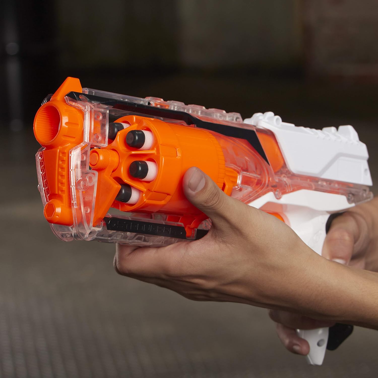Nerf Elite Strongarm Clear Blaster, Rotating Barrel, Slam Fire, 6 Official Nerf Elite Darts, for Kids, Teens, Adults [Amazon Exclusive] - Amazon Exclusive