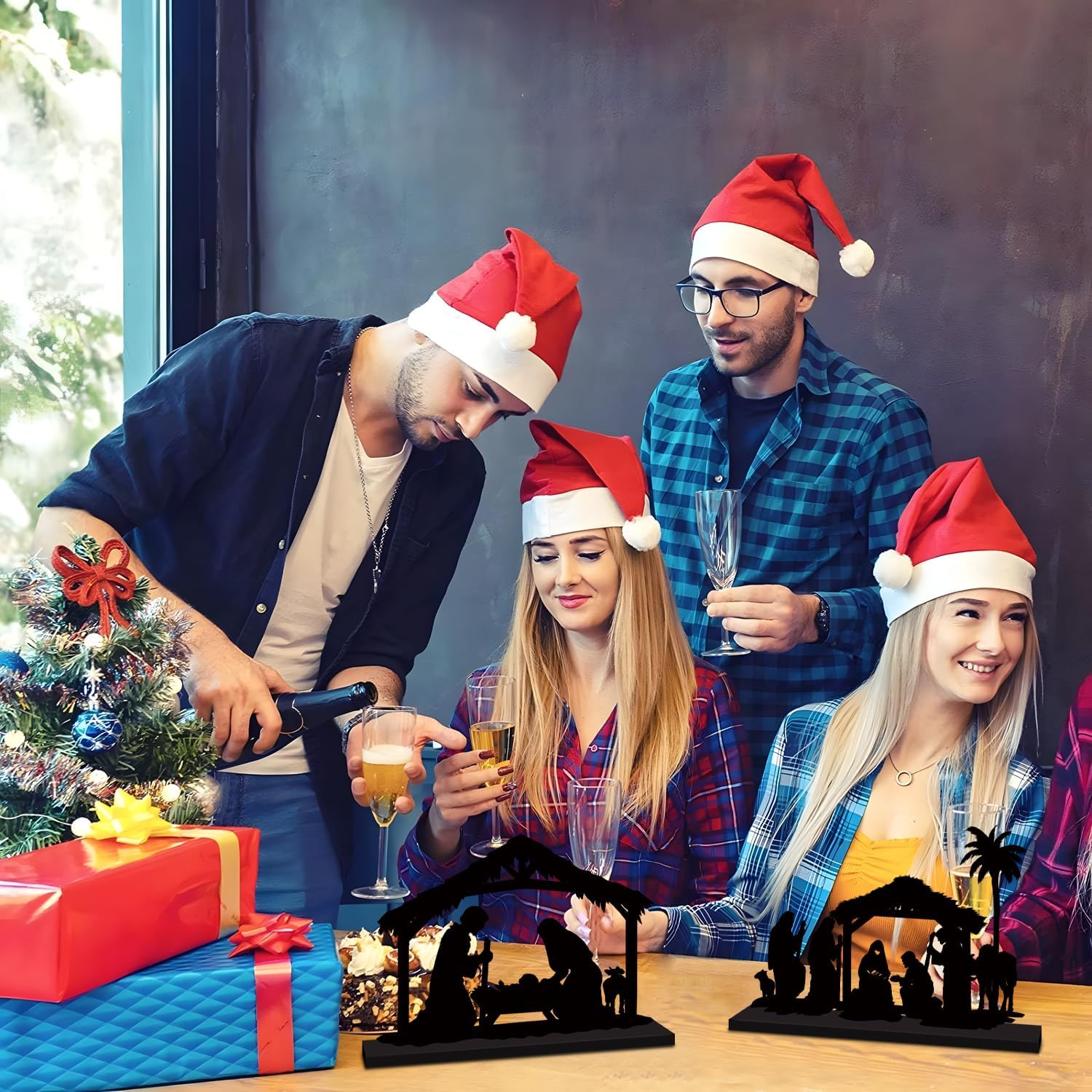 4Pcs Christmas Table Decorations Black Nativity Set Wooden Table Decorations Nativity Scene Centerpieces Christian Jesus Christmas Decor for Xmas Home Decor Holiday