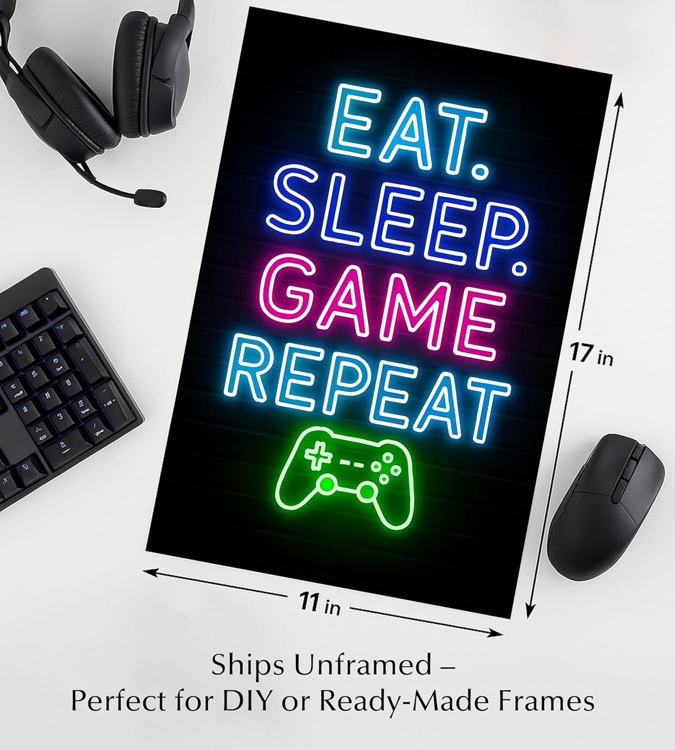 Eat Sleep Game Repeat Gaming Wall Art – Neon Inspired Gamer Room Decor for Boys, Teens, or Streamers – Fun eSports Setup Print for Gameroom, Bedroom, Studio, or Dorm-(Black Poster Framed, 11x17 inches)