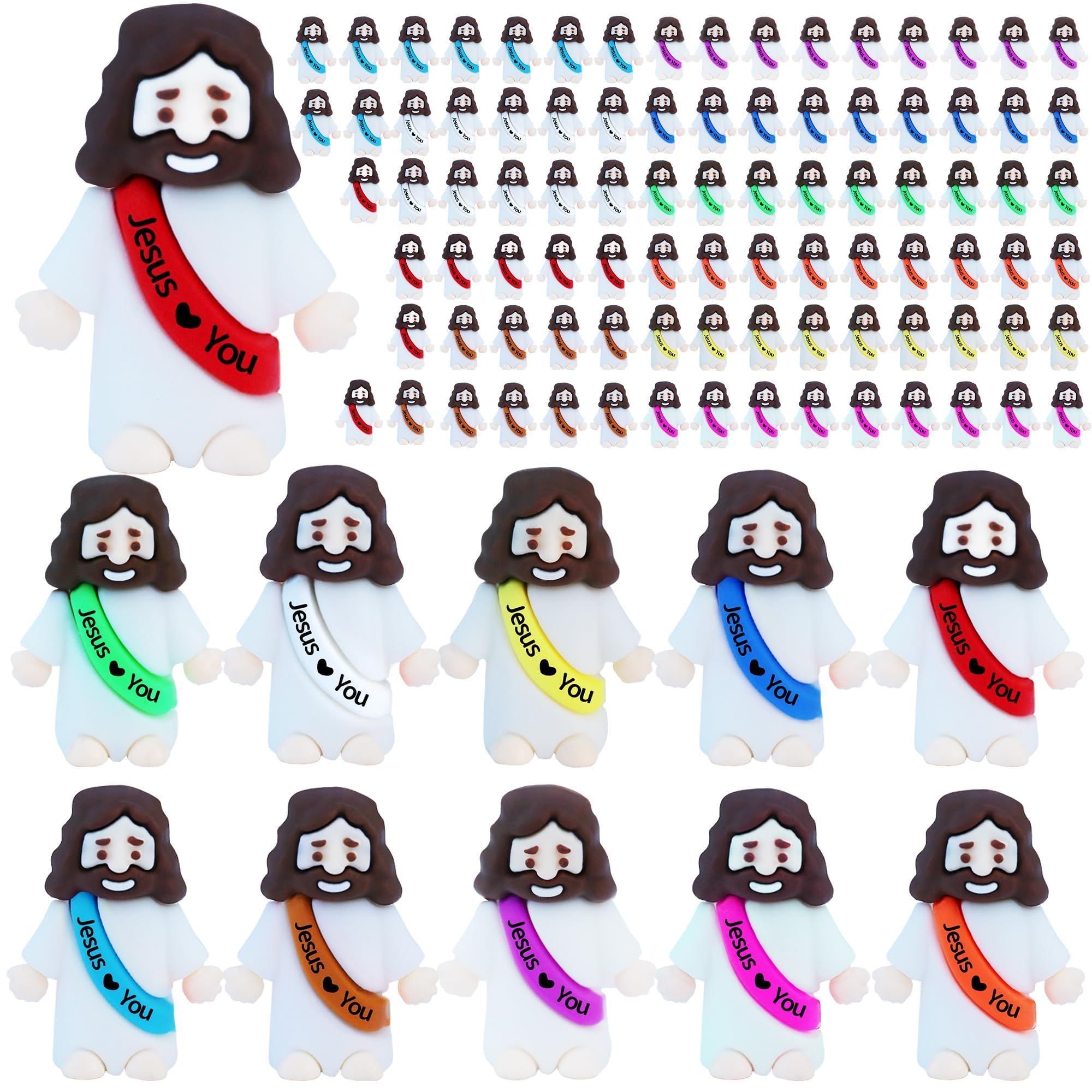 Photo 1 of 100 Pcs Little Jesus Figures –Rubber Mini Jesus Figurines in Bulk Christian Tiny Baby Jesus Loves You Figures for Hide and Seek Easter Egg Fillers Egg Hunt Religious Party Favors(10 Color *100)