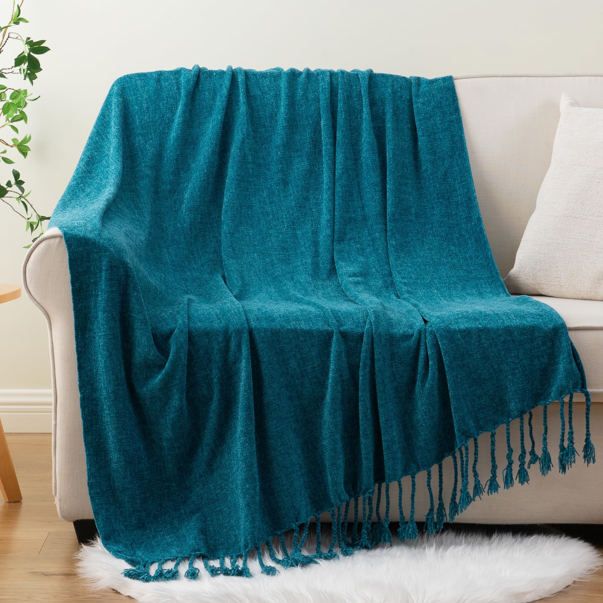 BATTILO HOME Teal Blue Throw Blanket for Sofa Bed Couch Soft Cozy Chenille Throw Blanket with Fringe Tassels