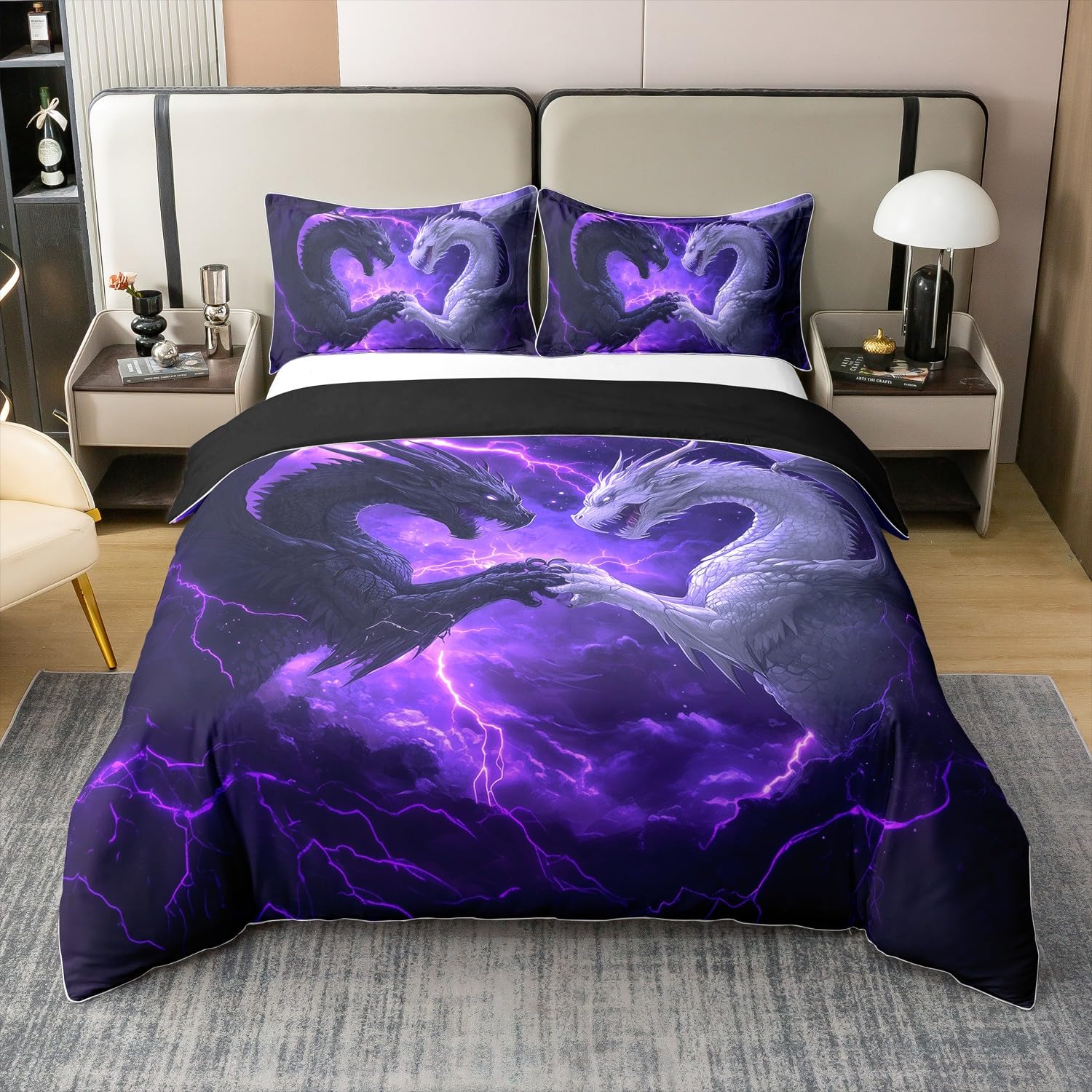 Dragon 100% Baumwolle Bettbezug 135x200 für Kinder Teens Erwachsene,Fantasy Dragon Bettwäsche Set,Romantische Paar Liebhaber Tröster Bezug,Lila Beleuchtung Bett Set mit 1 Kissenbezug für Zimmer