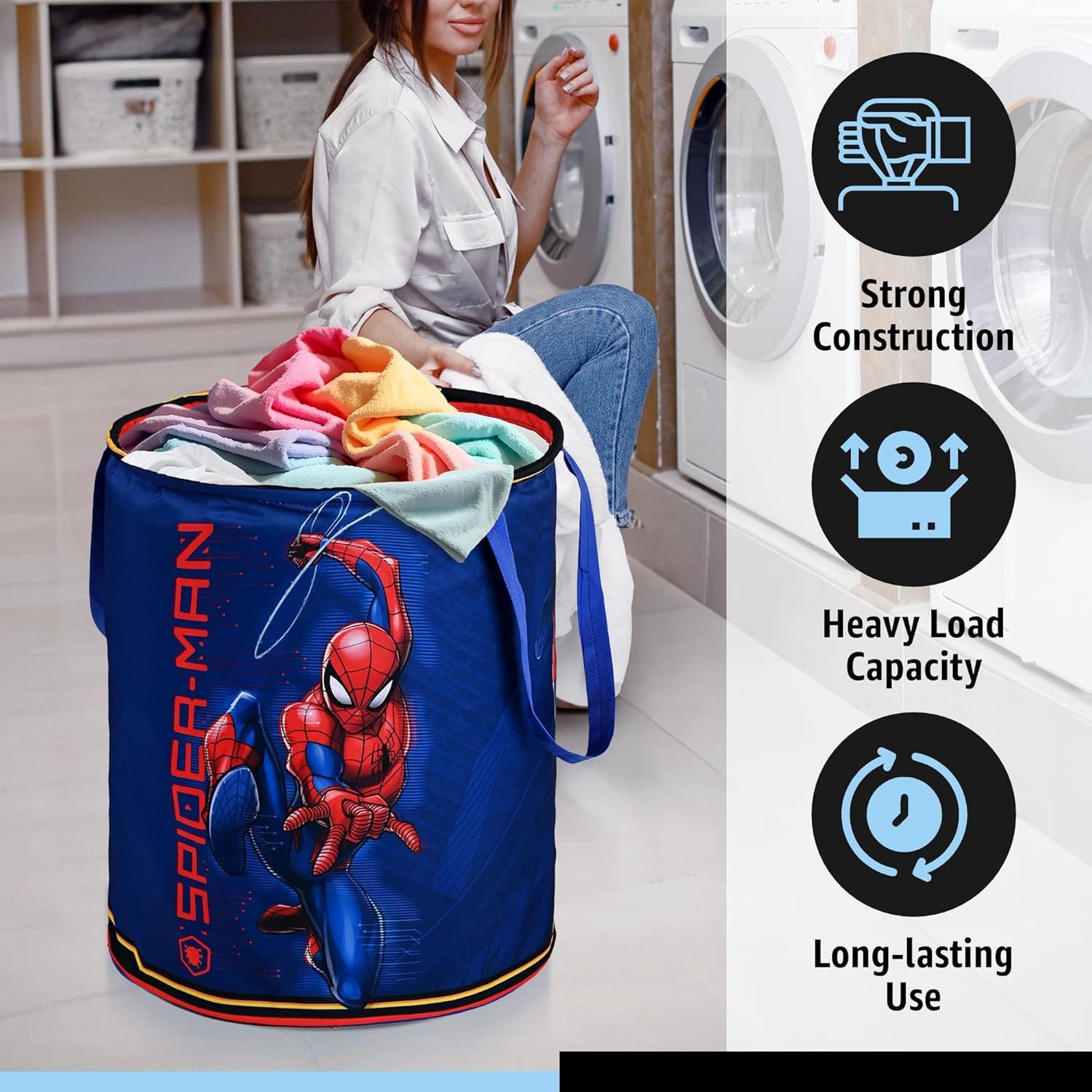 Pack of 2 Foldable Dirty Clothes 45L Laundry Basket With Handles | Baby Unwashed Dress Storage Box | Marvel Spiderman - Blue & Red
