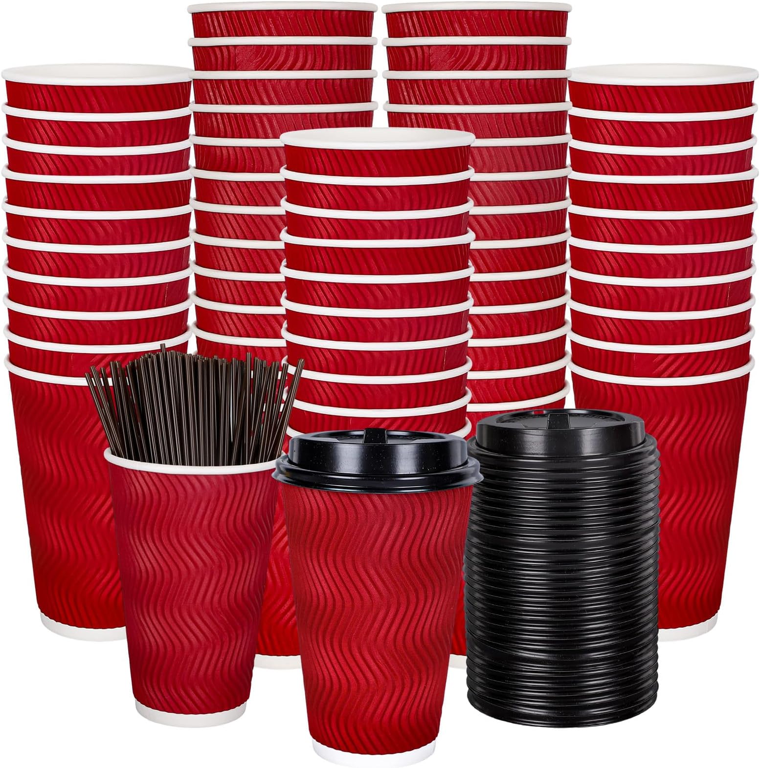 Whaline 100Pcs-16 oz Insulated Disposable Coffee Cups with Lids and Straws Red Corrugated Ripple Wall Cup for Hot Drink Party Office Coffee Bar