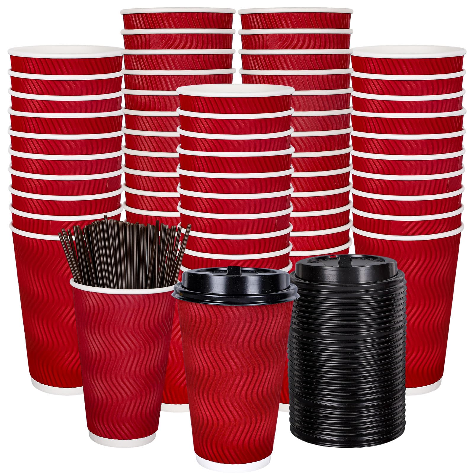Whaline 100Pcs Disposable Paper Cups 16oz Red Ripple Insulated Kraft ...