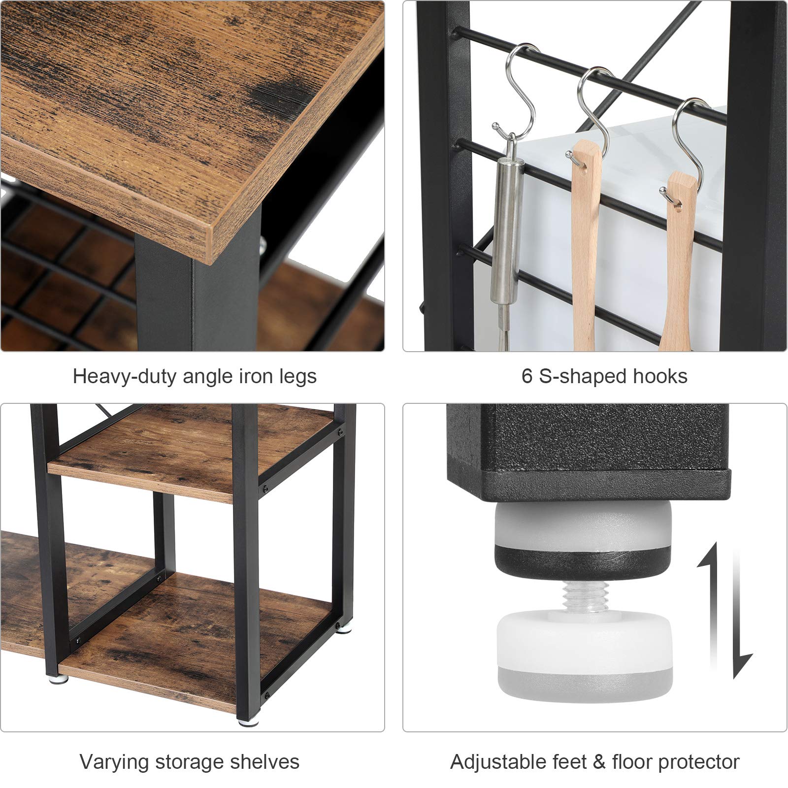 VASAGLE ALINRU Kitchen Baker’s Rack, Coffee Bar with Wire Basket 6 Hooks Microwave Oven Stand Metal Frame Wood Look, 35.4", Rustic Brown