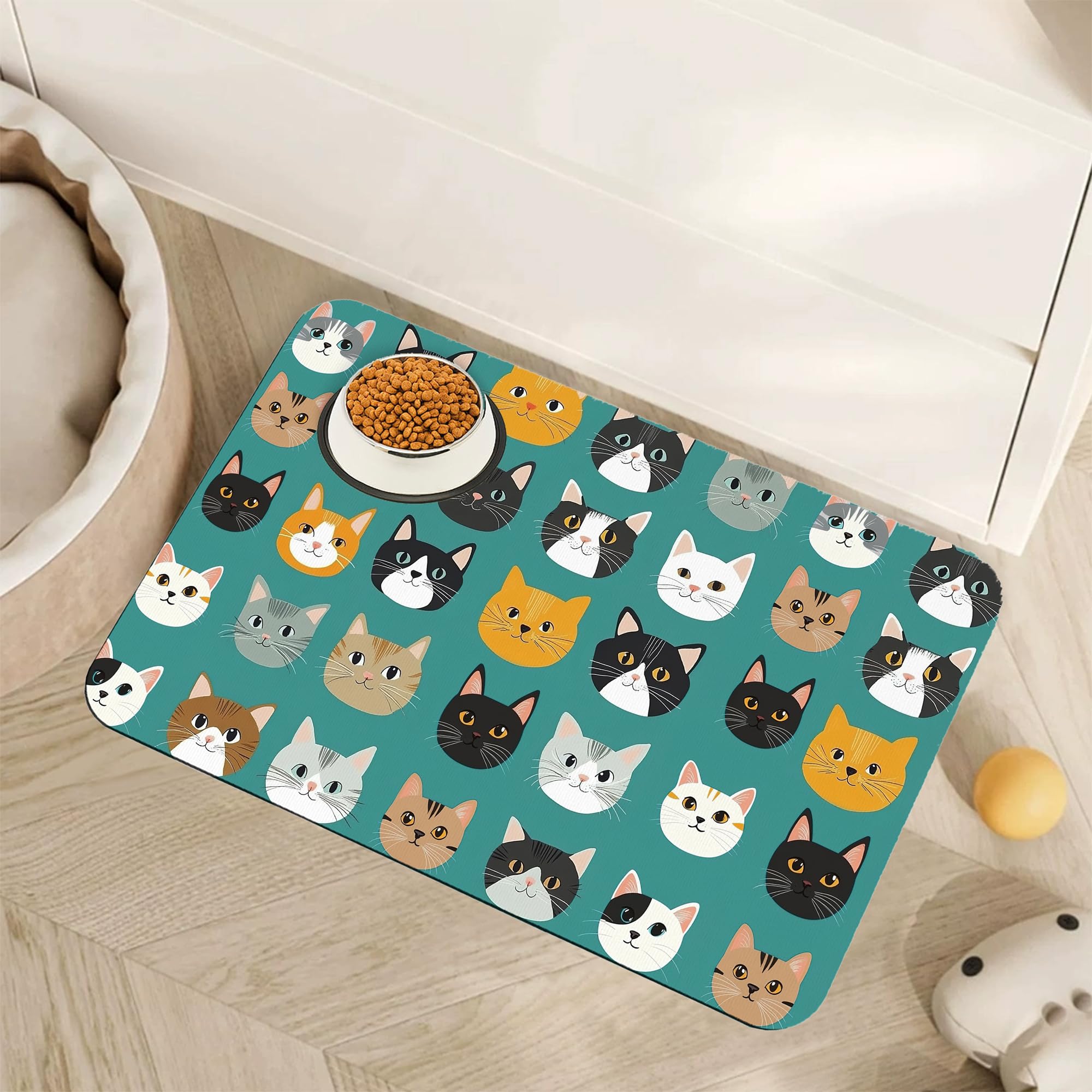 Cute Cat Dog Food Mat Absorbent Pet Feeding Mat with Rubber Backing Non-Slip Water Bowl Placemat Indoor Pet
