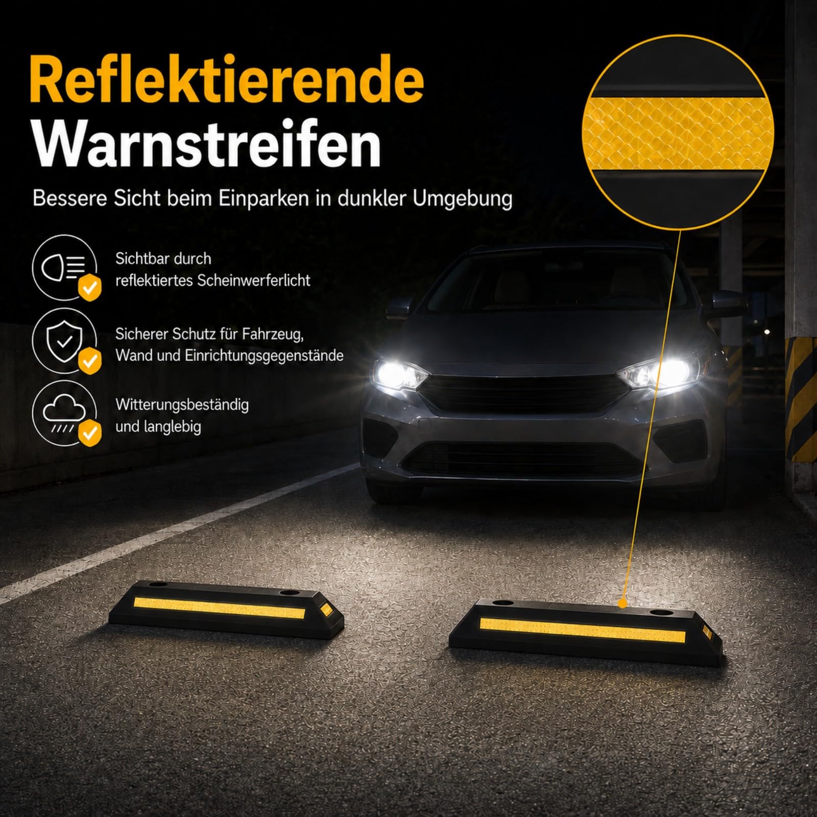 4 Stück Gummi Radstopper 54 x 15 x 9 cm mit Bodenankern | Präzise Einparkhilfe aus wetterbeständigem Gummi mit Reflektorstreifen für Garage, Stellplatz und Außenbereich.