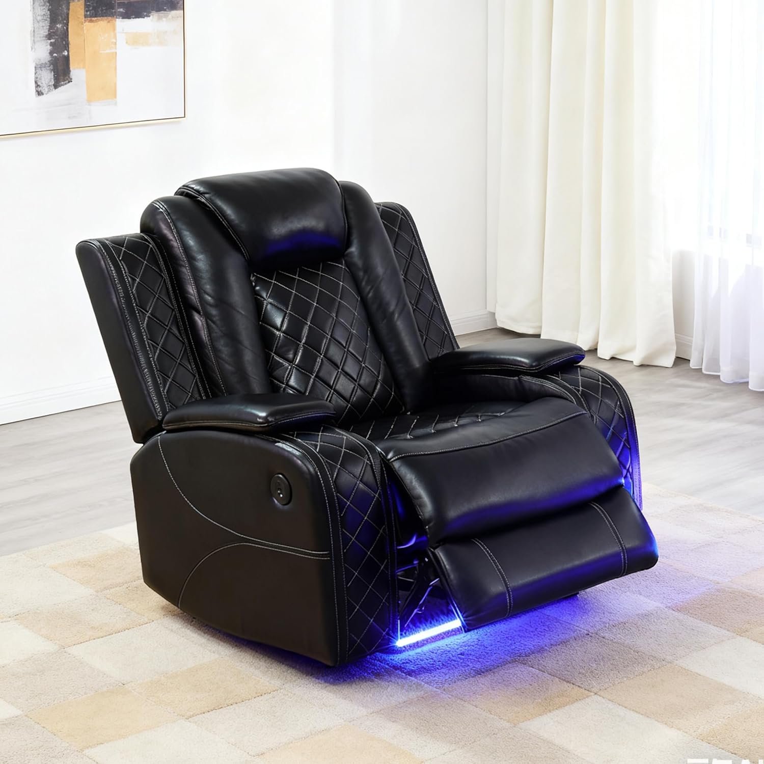 Power Recliner Sofa Set for Living Room, Leather Power Reclining Sofa Sets with LED Lights, Console Storage, Recliner Couch with USB Port(Chair,Black)