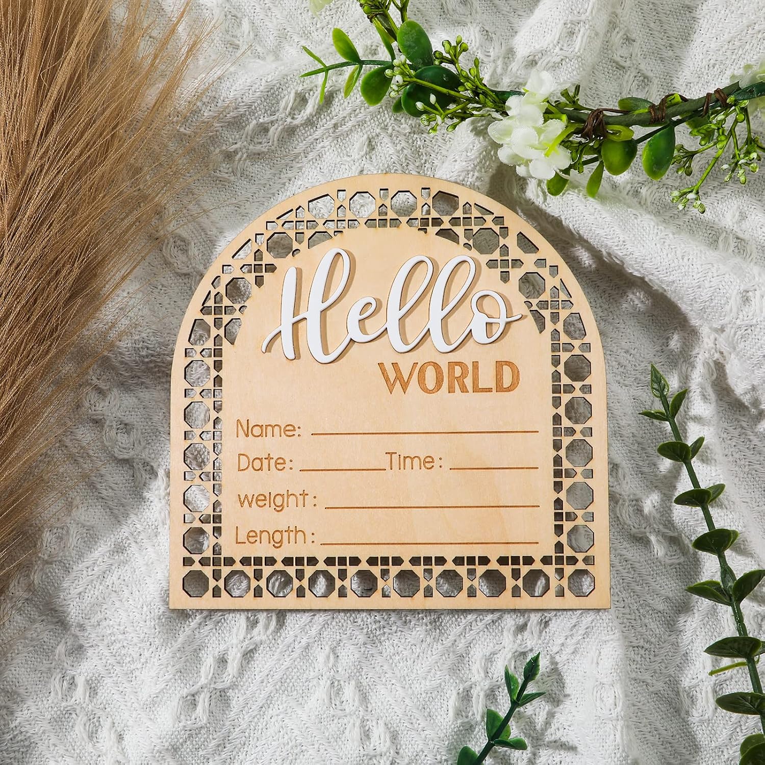 Baby Announcement Sign, 5.5 Inch Wooden Birth Newborn Welcome Sign Hello World New Baby Name Sign, Name Plaques for Girl Boys Photo Prop Baby Shower Nursery Hospital image 3