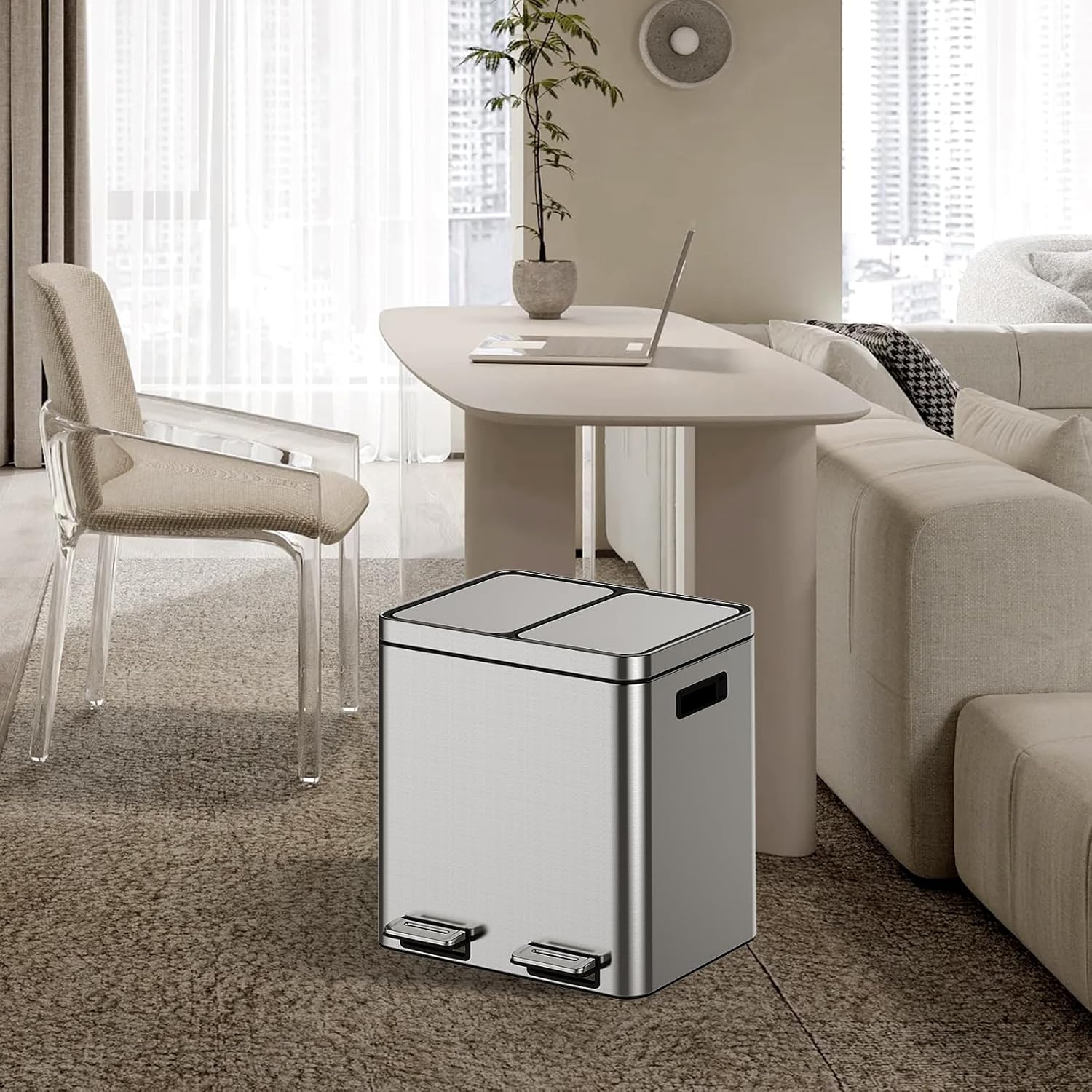 Garvee 8 gal Stainless Steel Recycling Trash Can with 2 Compartments & Soft-Close Lid - Dual Waste Bins for Kitchen, Office - Fingerprint-Proof, 30 L (15+15 L) Capacity - Image 7