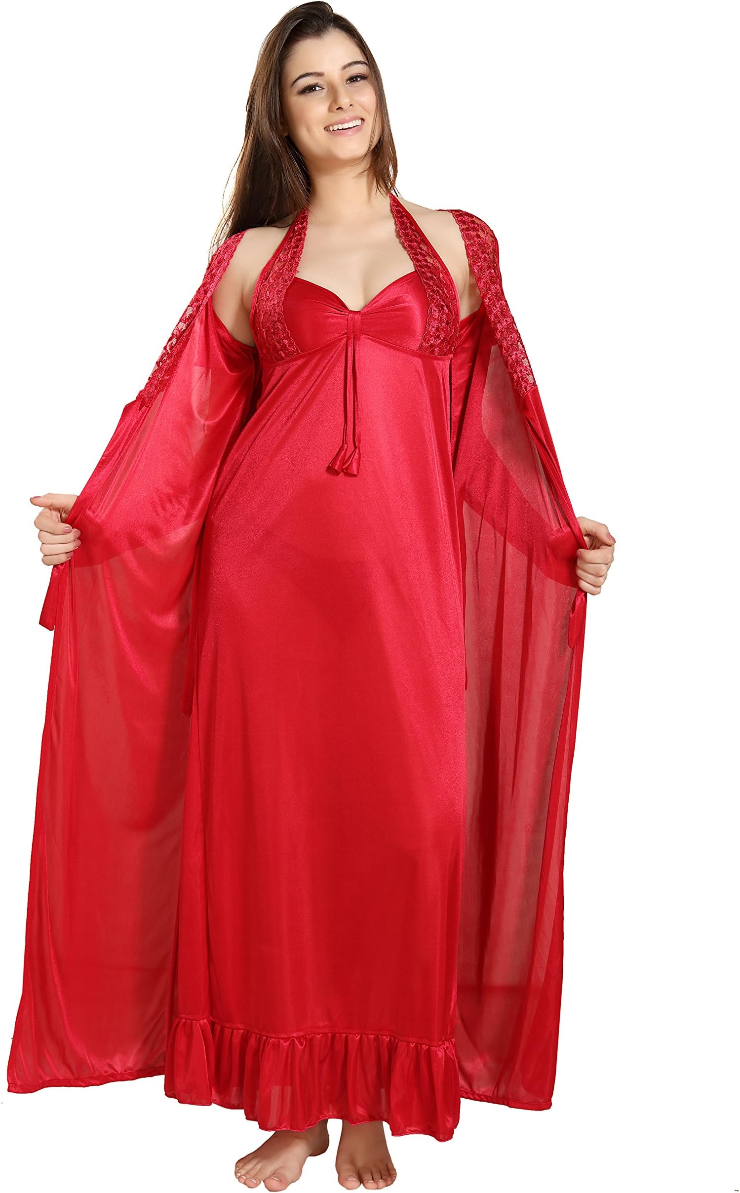Romaisa Women's Satin Solid Maxi Length Nighty with Robe (Size - Free Size) (Nightwear Set Pack of 2)