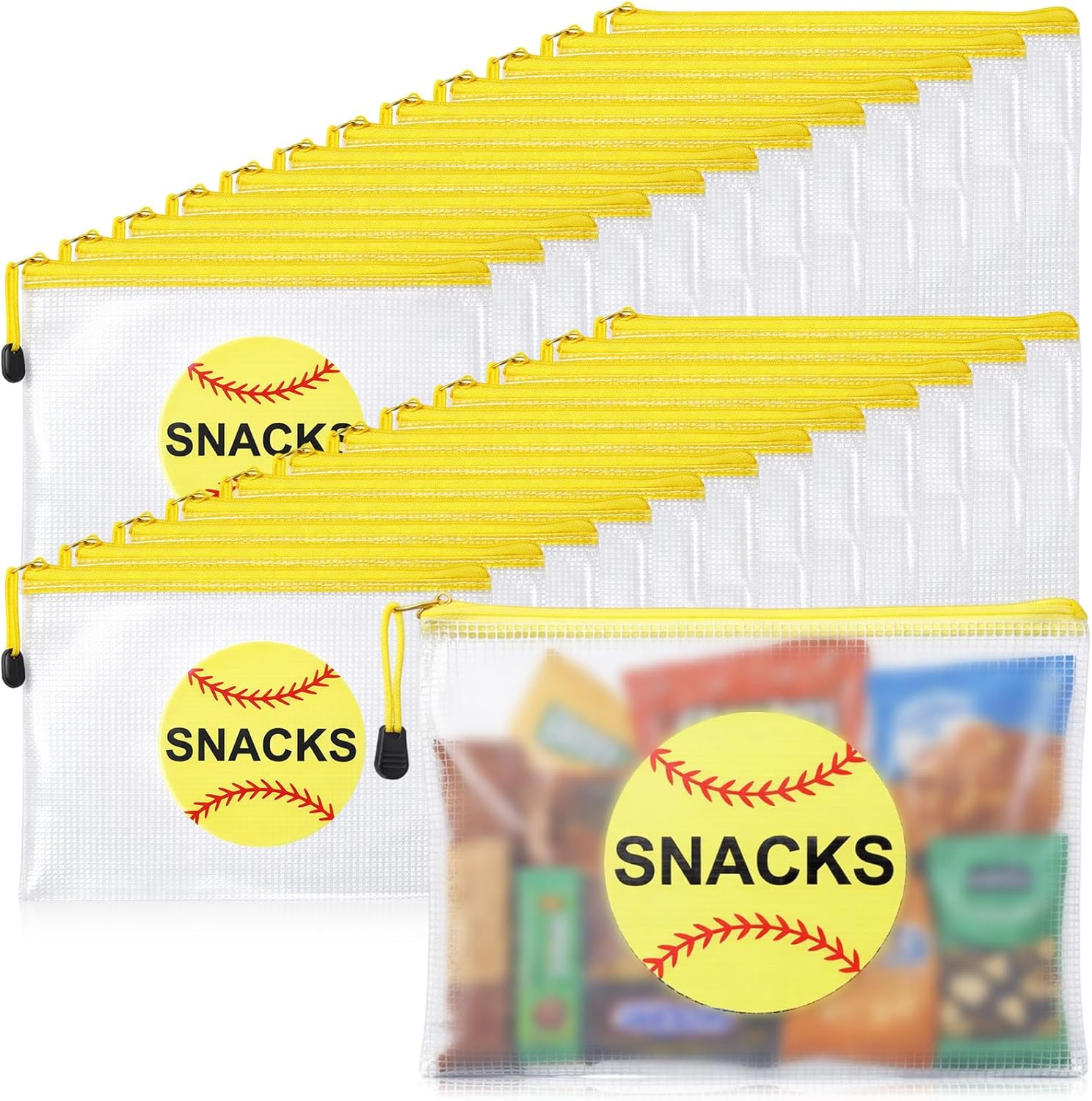 Motiskyy 24 Pcs Sports Ball Snack Bags Bulk 9.5" x 6.9" Sports Goodie Party Favor Bags Stuffers Team Gifts Candy Treat Mesh Pouches with Zipper for Team Ground Birthday Gift Party Supplies(Softball)