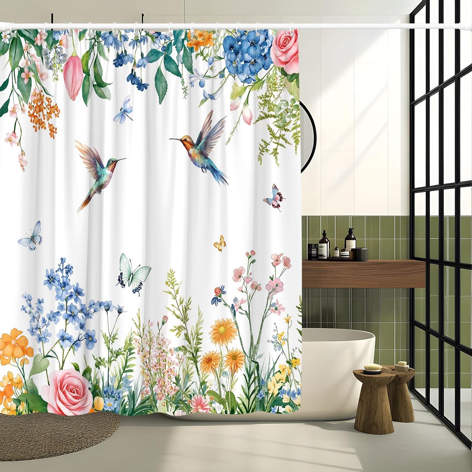 Hummingbird Floral Shower Curtain Spring Watercolor Pink Blue Flowers Blossom with Leaf Butterfly Plants Green Leaves Bird Modern Nature Decorative Curtain with Polyester Fabric