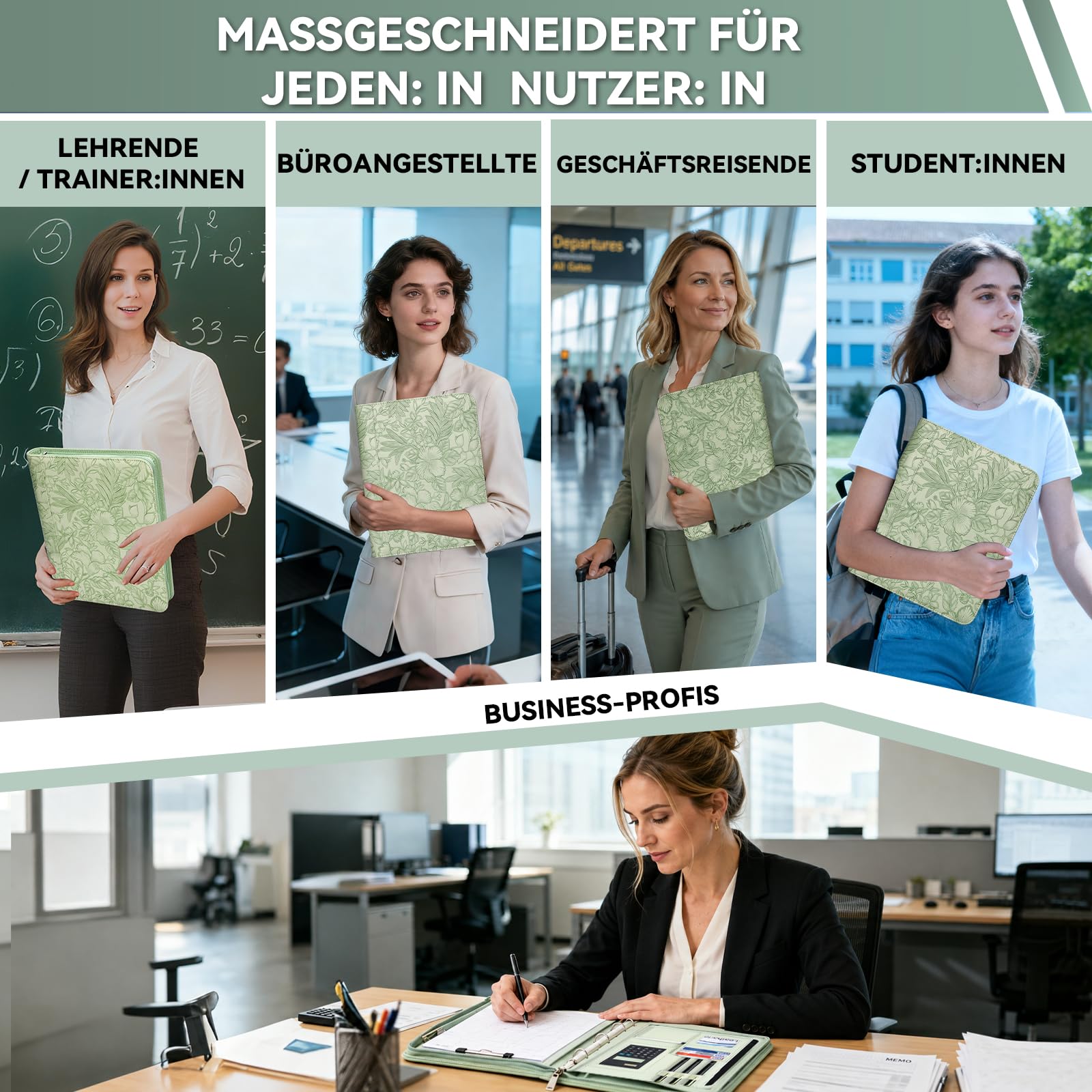 Leathario Konferenzmappe a4 mit Reißverschluss,Schreibmappe a4 mit 10 Dokumentenhüllen,Business Arbeitsmappe mit 4 Ringbuch，Veganes Leder Mappe für Meetings,Behördengänge,Studium,Bewerbungsgespräche
