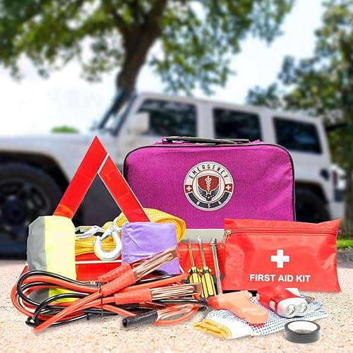 Miniatura 3 de Kit de emergencia para automóvil de asistencia en carretera, kit de primeros auxilios, cables de arranque, correa de remolque, luz de flash LED,
