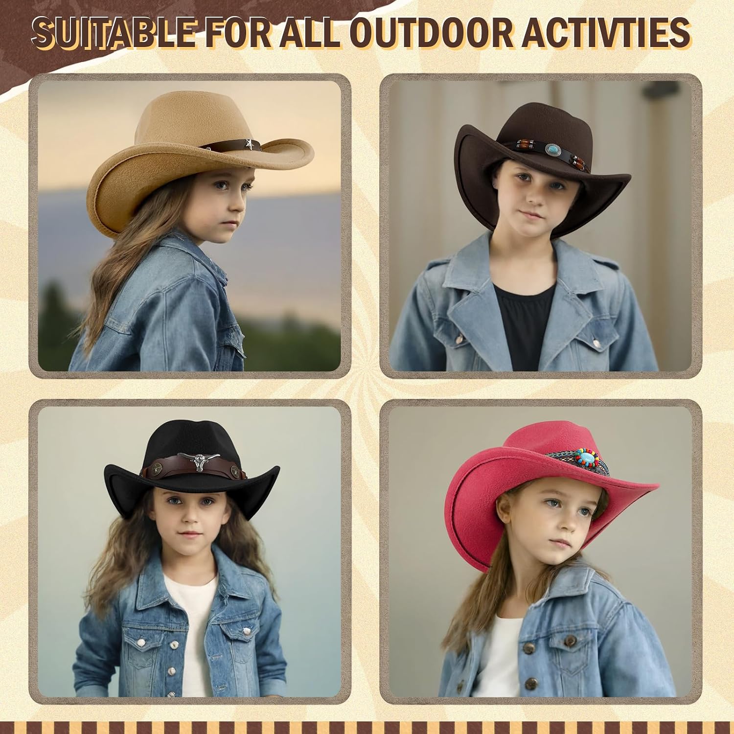 MK MATT KEELY Kids Girls Boys Western Cowboy Cowgirl Hat with Four Decorative Bands Felt Fedora Hat
