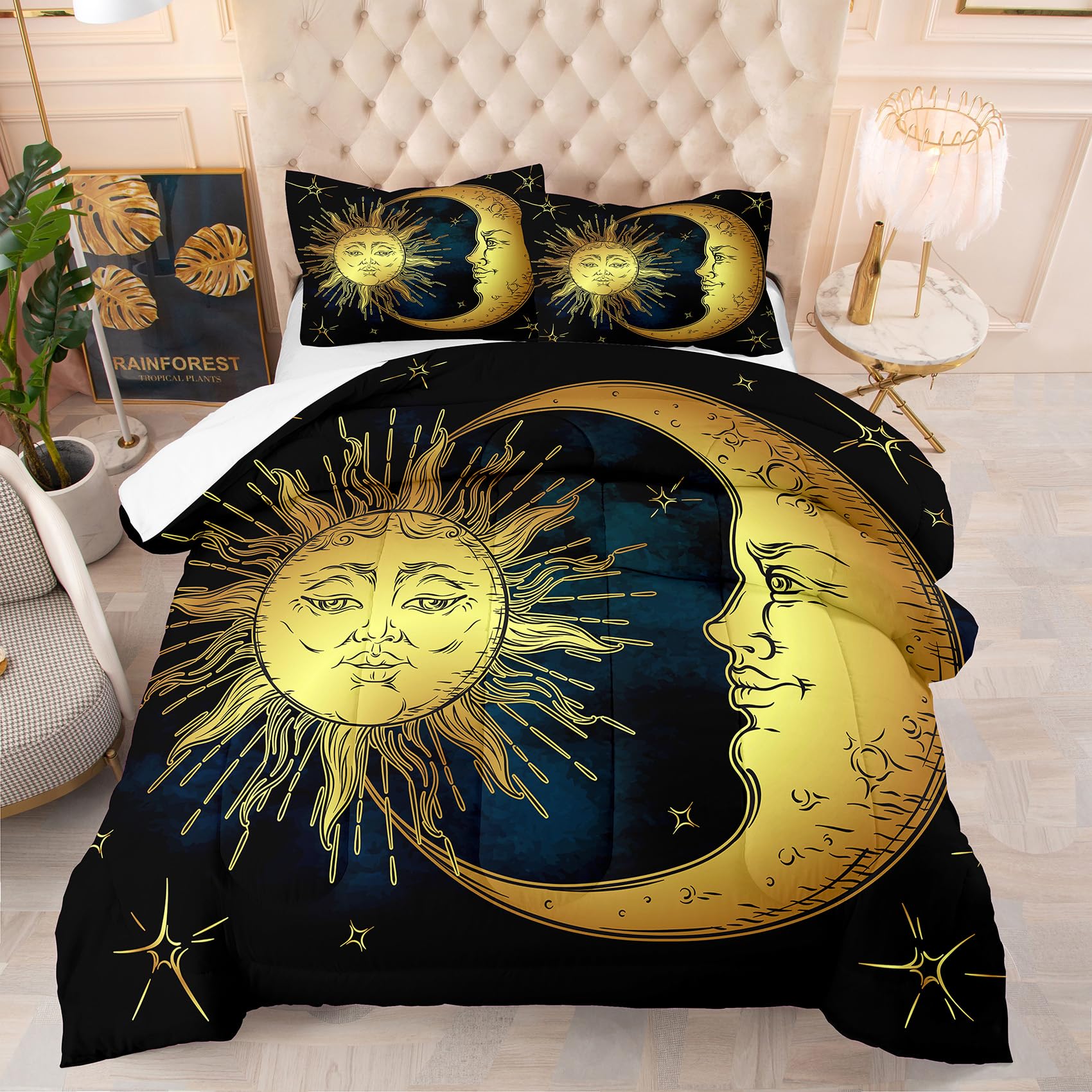 Peopleareok Black Sun and Moon Bedding Set Queen Size for Girls Women Kids Boho Celestial Bedding Bohemian Occult Crescent Solar Stars Quilt Set
