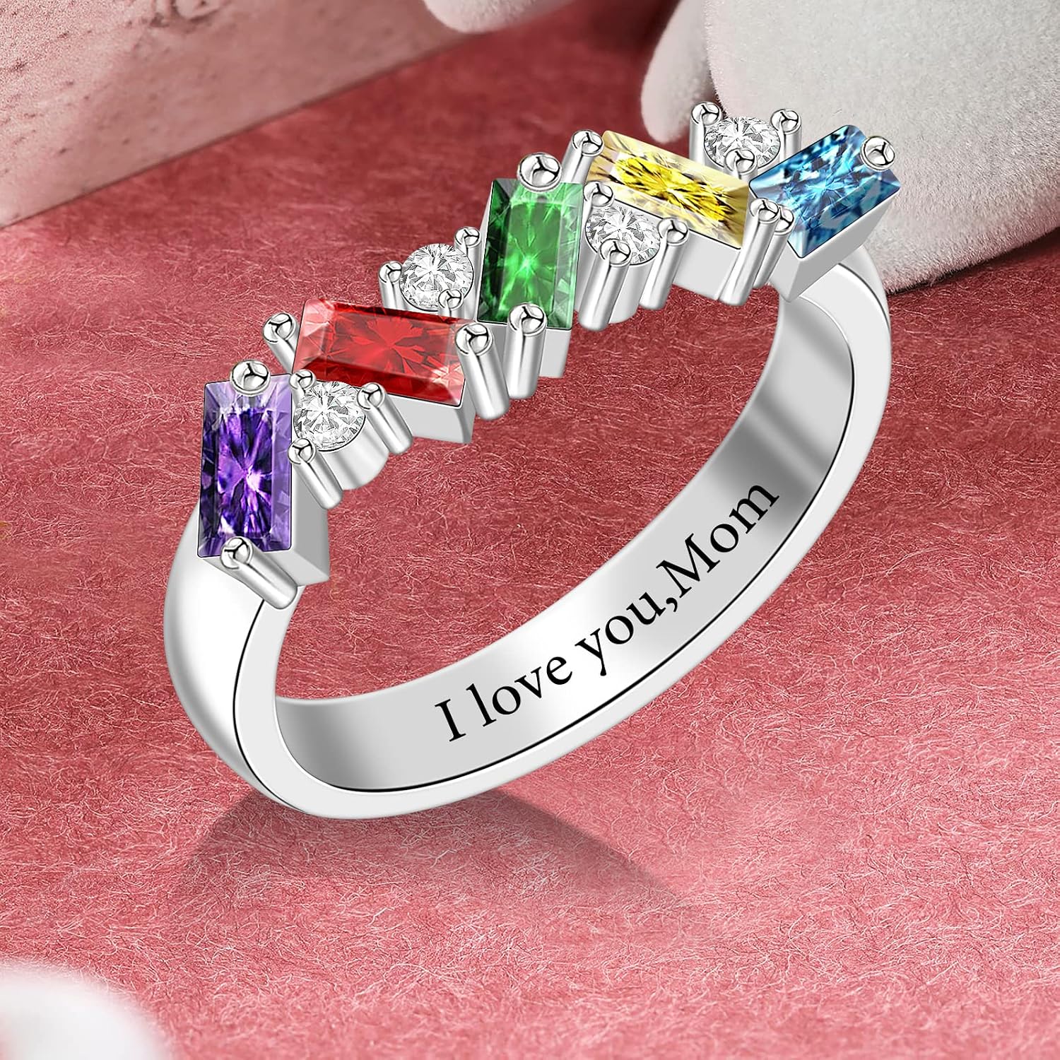 MissNaNa Customized Birthstones Rings for Women Personalized 1-5 Baguette Birthstones Mother Ring Promise Rings for Her Christmas Mother's Day Valentine's Day Birthday Gift