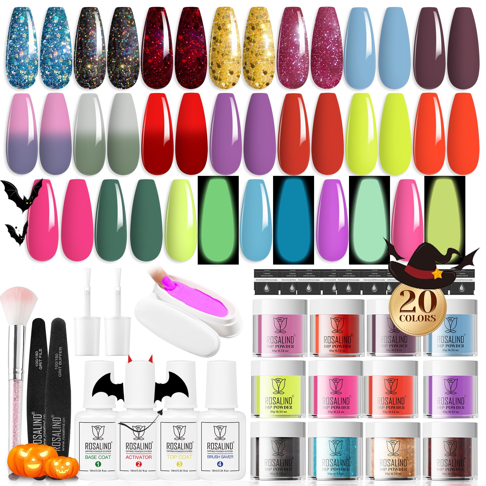 ROSALIND 29PCS Dip Nails Powder Starter Kit, 20 Color Dip Powder Nail Kit Red Purple Green Glow In The Dark Nail Dip Powder Colors Set with Base & Top Coat, Brush Restorer and Activator All-in-One Kit