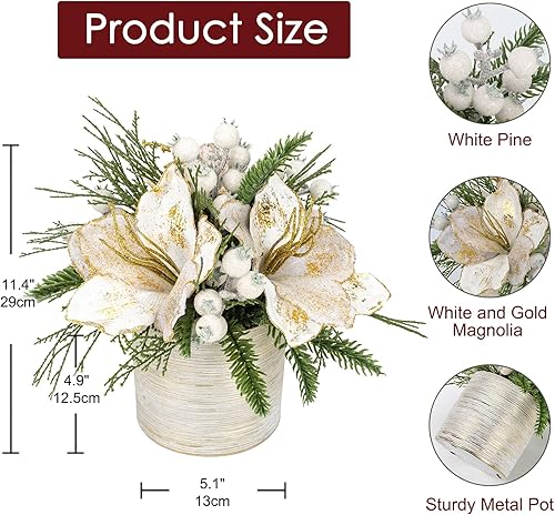 Miniatura 4 de Briful Árbol de Navidad de 11.4 pulgadas, arreglo de Navidad artificial grande en maceta con pino blanco nevado y magnolia flores de Navidad para