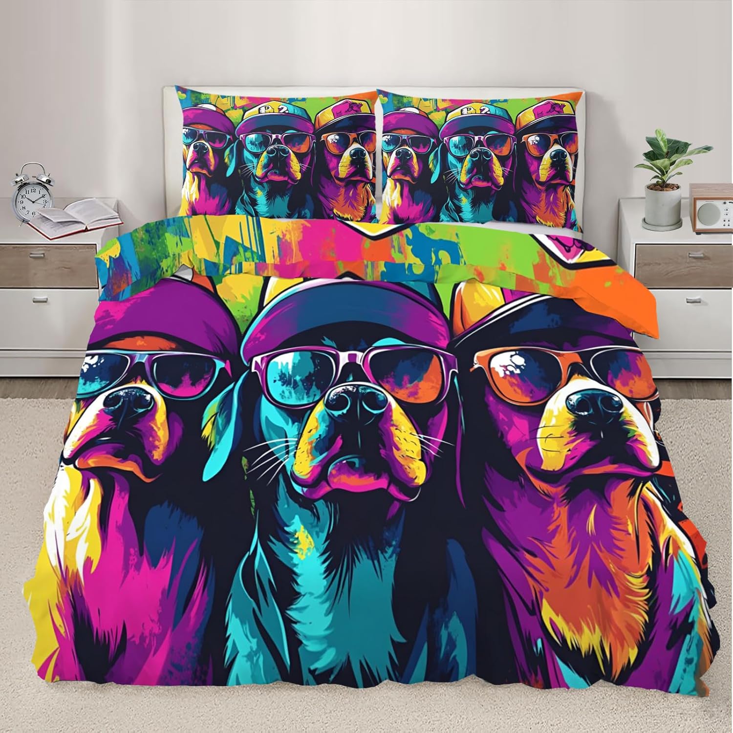 Colorful Dogs Duvet Cover, Graffiti Bedding Set Cover for Kids Boys Girls Teens, Street Art Duvet Cover with Zipper Closure and 2 Pillow Shams, King Size 104"x90"