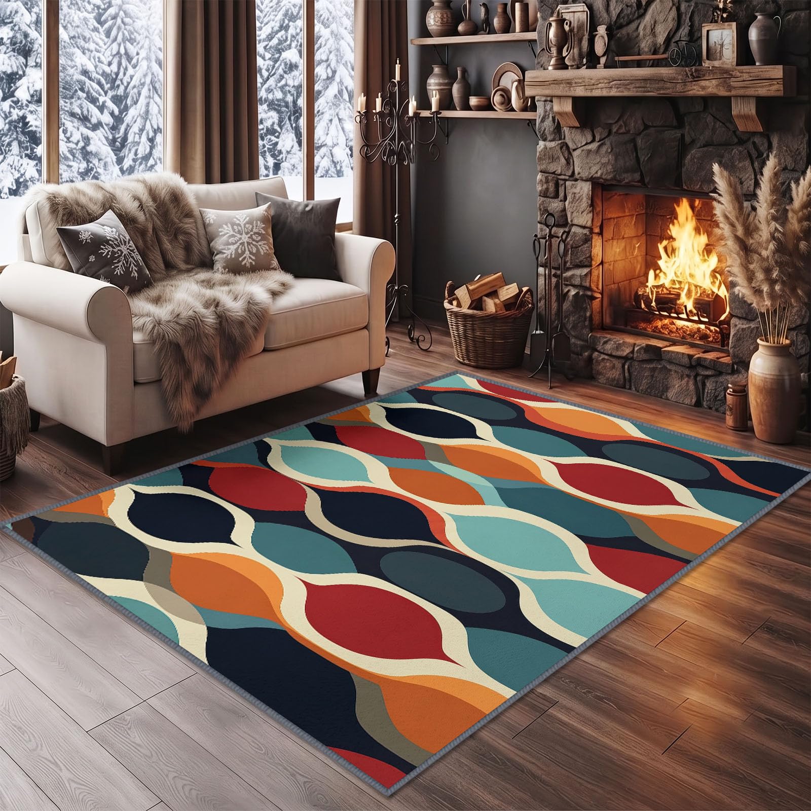 Kurzflor Teppich Wohnzimmer Retro Geometrisch Elliptisch Rautenförmig Flauschig Weiche Anti Rutsch Unterseite Teppiche für Schlafzimmer Küche, Pflegeleicht Waschbare Fußmatte, Blaugrün, 180 x 240 cm