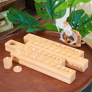 Montessori Sensorial Cylinder Blocks Beechwood 18.9" 12.5lbs- Premium Solid Beechwood Educational Materials, Visual Discrimination Toys, Preschool Learning Supplies for Fine Motor Skills Development