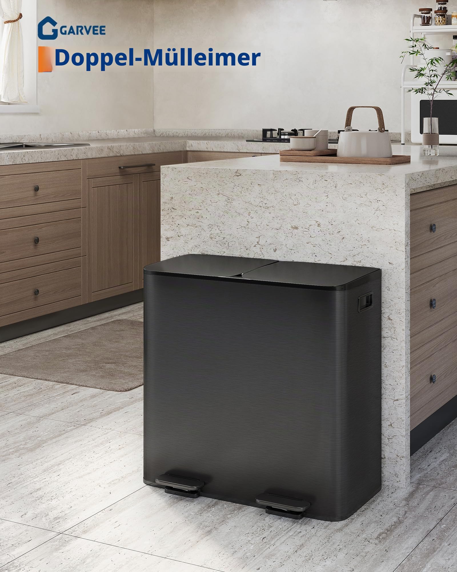 Garvee 2 x 40 L,Mülleimer Küche, Mülltrennsystem 2 Fächer, Soft-Close-Deckel, für Recycling & Biomüll, Fußpedal Mülleimer Für Küche/Badezimmer, Geruchsgeschützter Abfallkasten