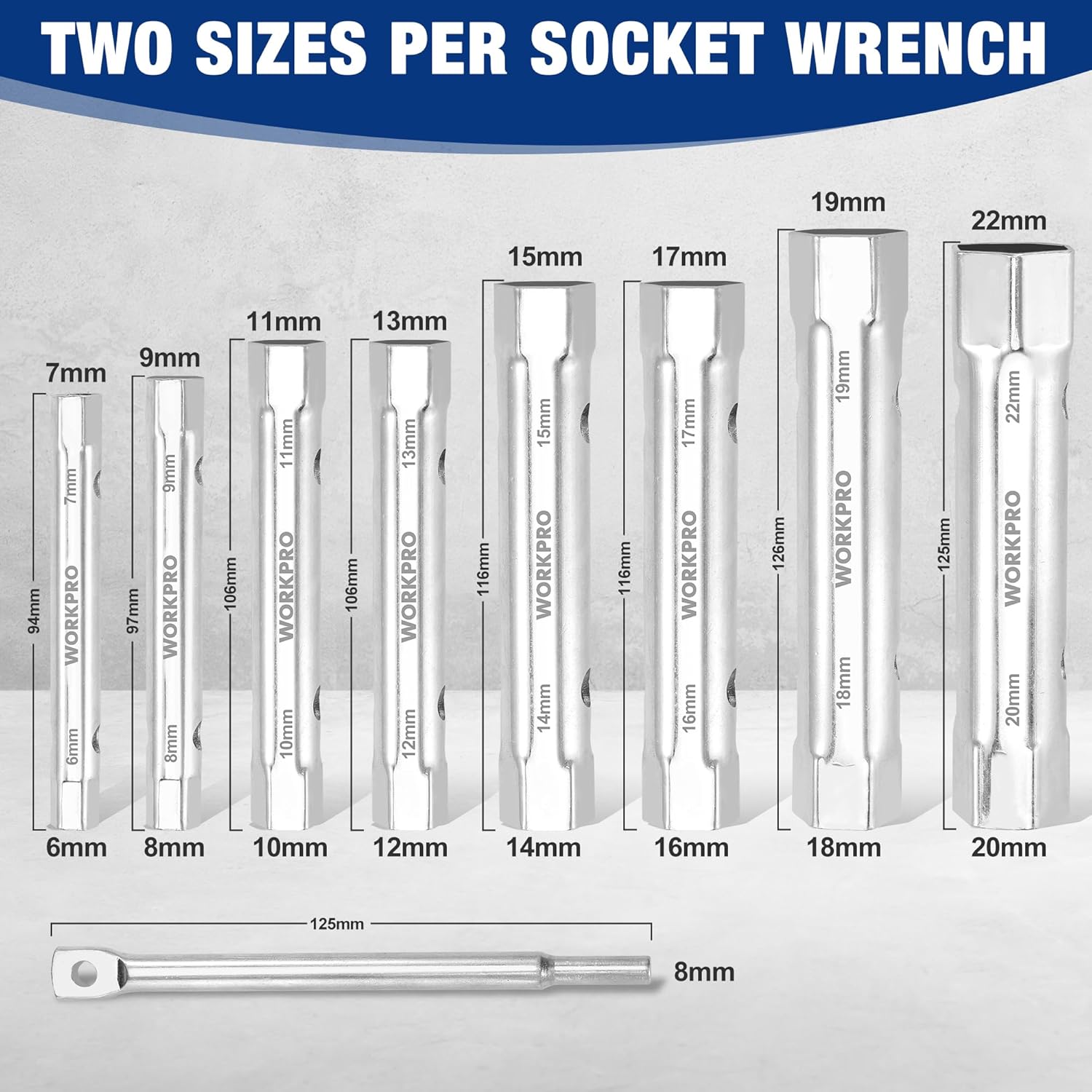 WORKPRO 9-Piece Shower Valve Socket Wrench Set with Bar Handle, for Bathroom Removal of Tub and Shower Valves, Home Plumbing Repairs, Double-Ended, Storage Bag Included