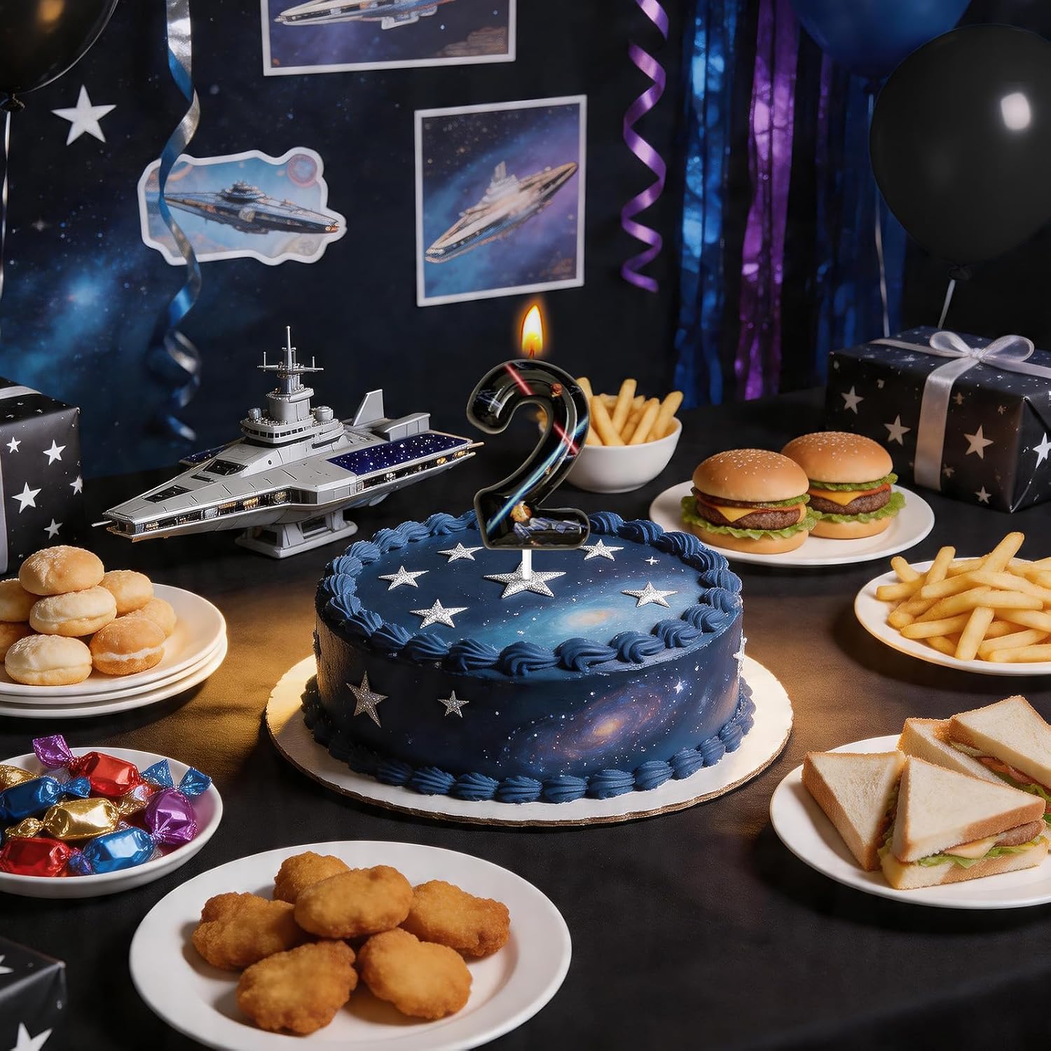 Space Birthday Candles, Space Themed Birthday Party Decorations, Birthday Number Candles for Cake Topper and Party Supplies, Options for Numbers 0–100 Available (Black, Number 2) image 3