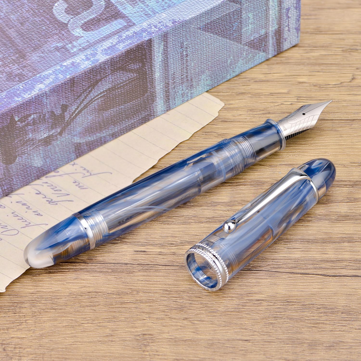 Asvine Stylo plume V800 - Système de remplissage sous vide - Grande capacité d'encre - Plume de 1,1 mm - Pour calligraphie et dessin artistique - Avec clé - Bleu/marron