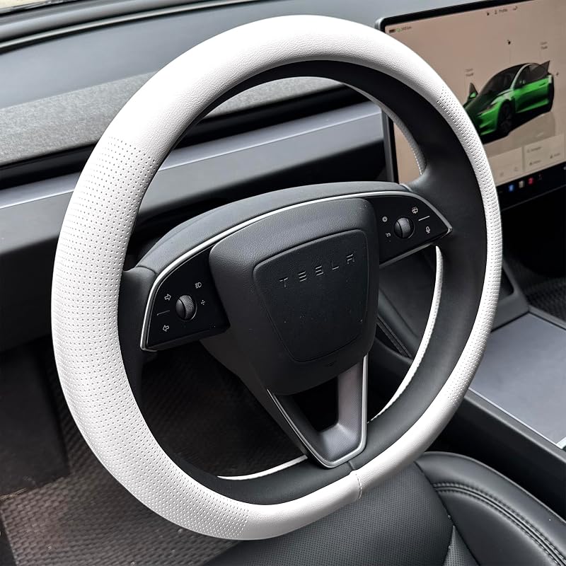 Capa para volante em couro sintético tipo Nappa PINCTROT para Tesla Model 3 e Model Y, branca, formato D com base reta, 36,1 cm