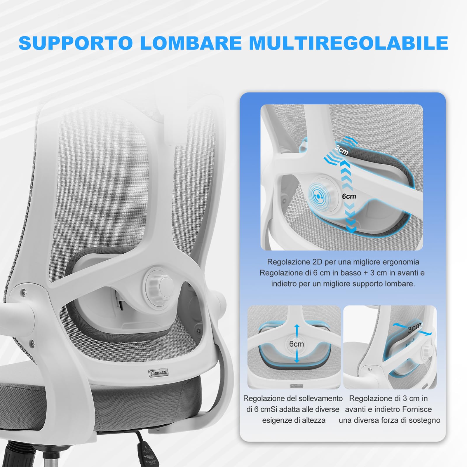 Magic Life Sedia da ufficio ergonomica,Sedia con poggiatesta 2D in rete con schienale alto, supporto lombare confortevole, braccioli regolabili (Bianco)