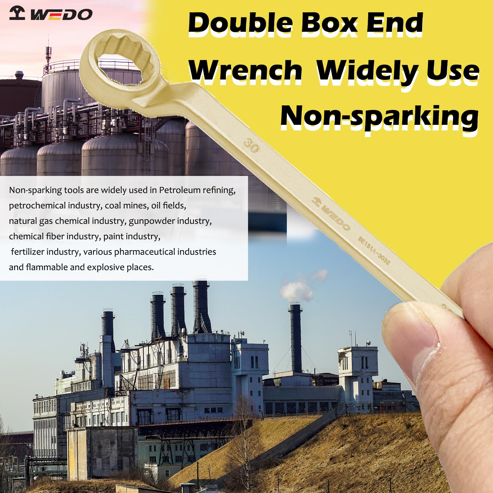 WEDO Llave Fija de Seguridad sin Chispas de Doble Extremo de Caja de 75 Grados, Bronce de Aluminio, Estándar DIN, Certificado BAM y FM, 19 x 24 mm de Ancho