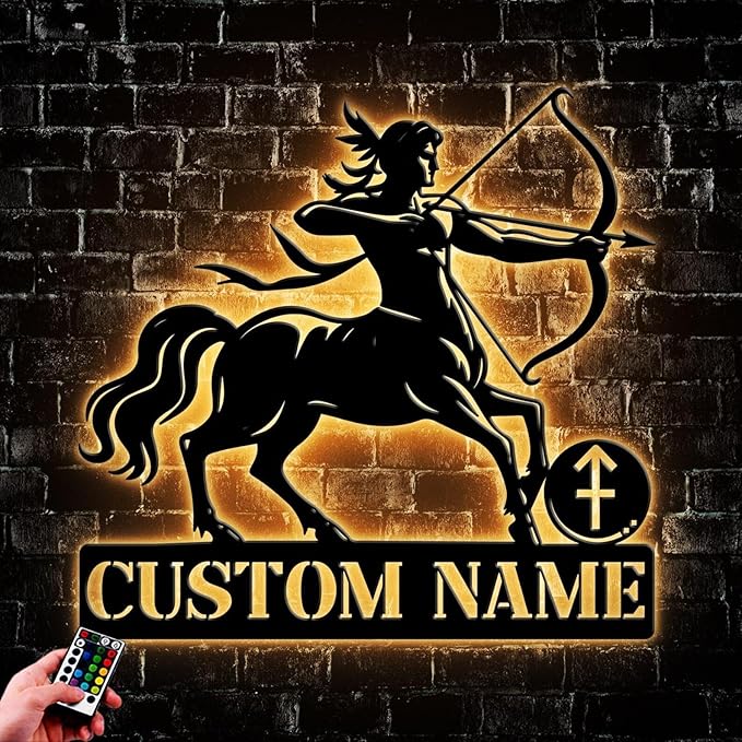 Personalized Sagittarius Zodiac Metal Wall Art with LED Lights, Custom Constellation Horoscope Name Sign, Unique Astrology Home Décor Gift Idea (Style 9)