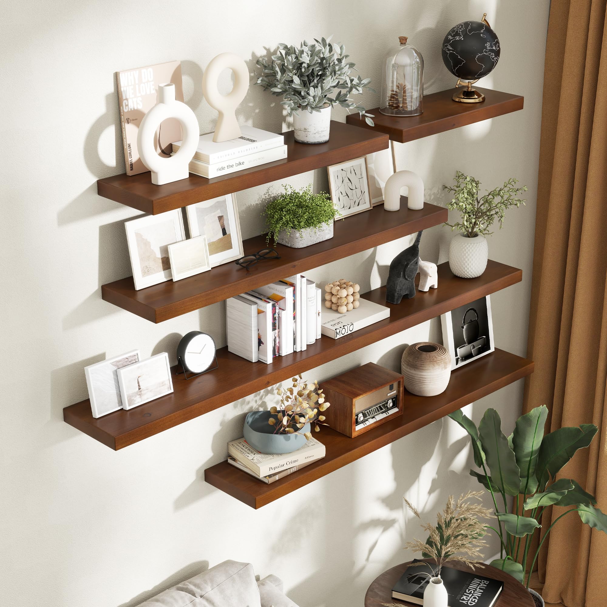 axeman 72 inch floating shelves for wall, 9.3" deep high end solid real wood wall shelves with heavy duty invisible bracket for living room, bedroom, kitchen, bathroom, set of 1, walnut finish
