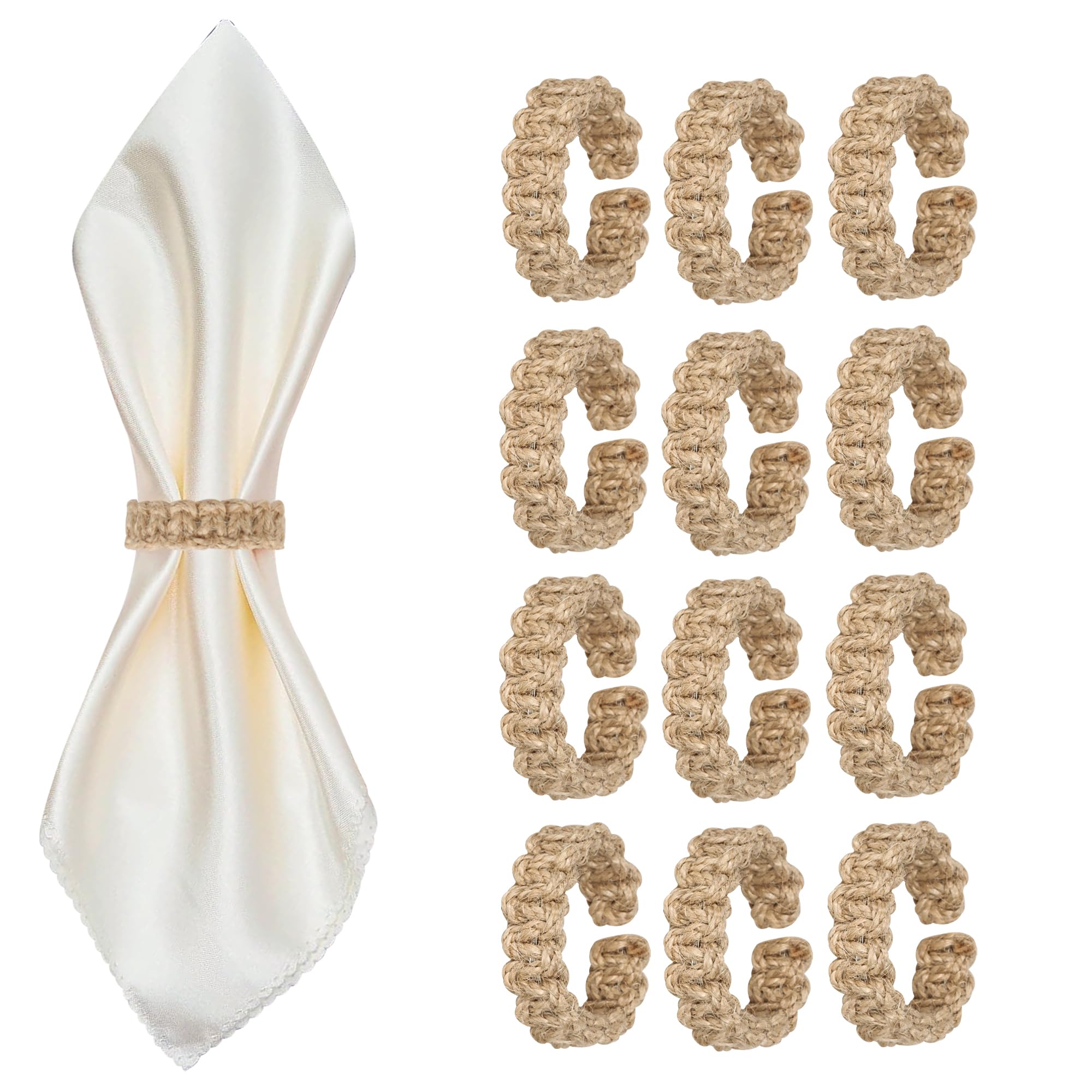 Meplait Juego de 12 servilleteros hechos a mano, de cuerda de yute, servilleteros bohemios para banquetes, bodas, fiestas, decoración de mesa de comedor (12, marrón)