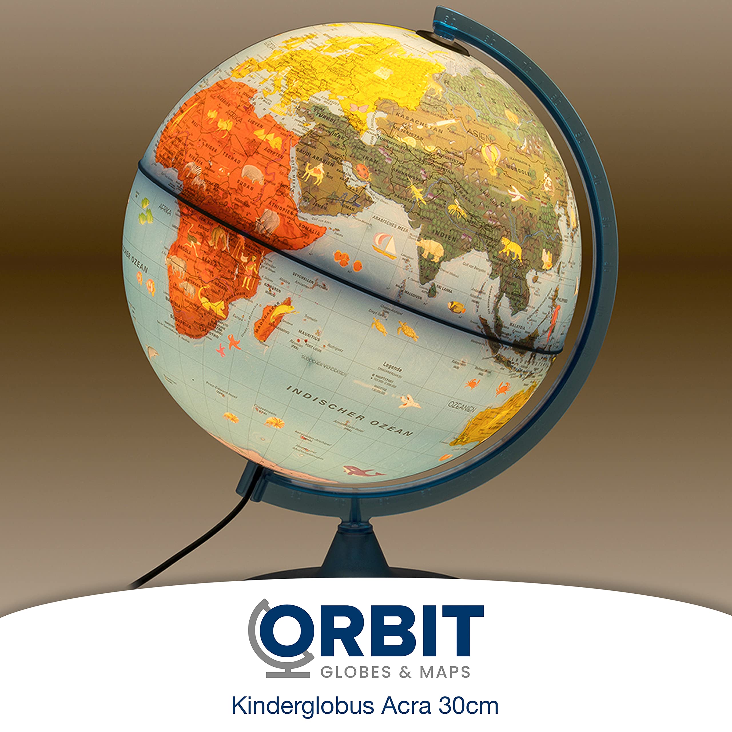 ORBIT GLOBES & MAPS Kinderleuchtglobus 30cm mit Tieren, Kunststoff Fuß, deutsch mit stabilem Hartplastikfuß, deutsches Kartenbild mit vielen Abbildungen für Kinder mit LED Leuchte
