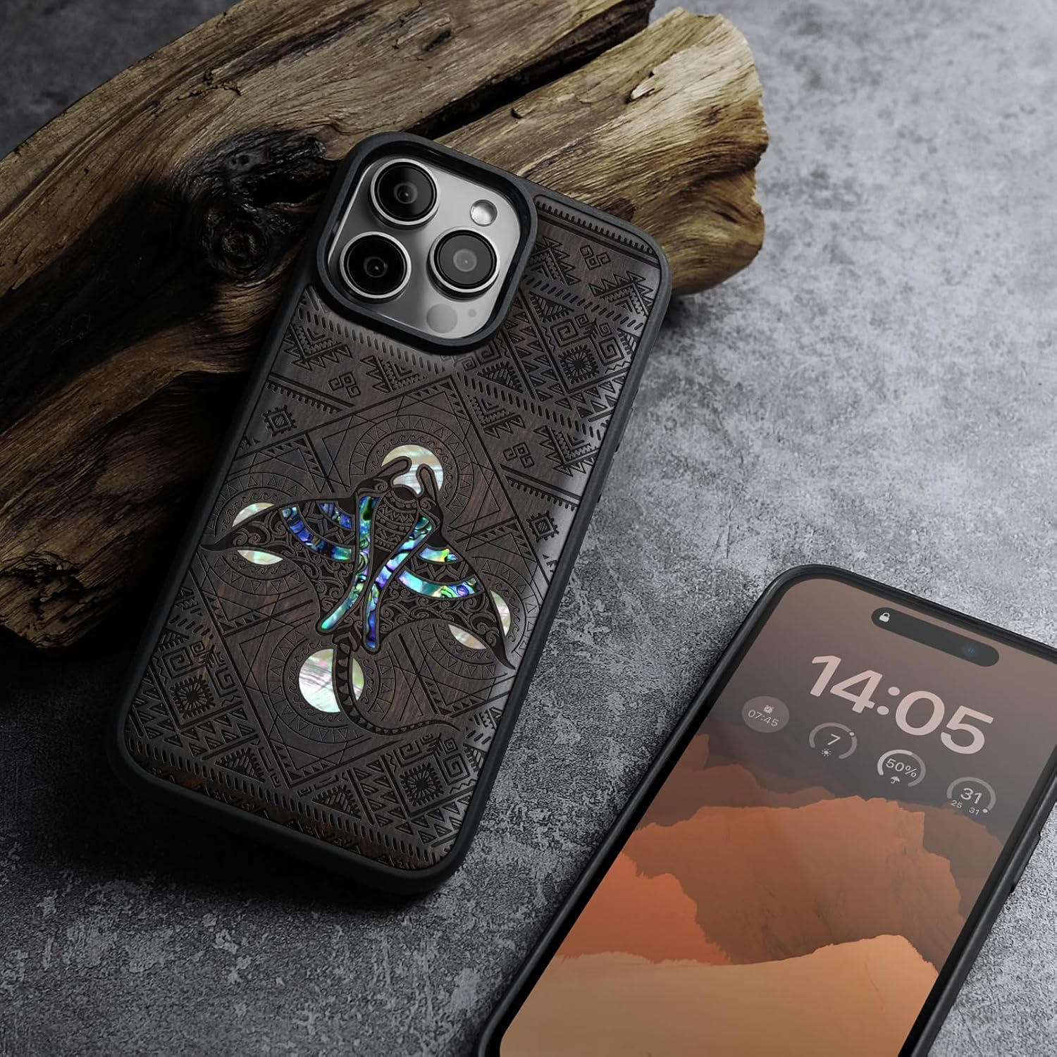 Carveit Magnetic Case for iPhone 16 Pro Max Case, Wood Artisan Engraved & Handmade Shell Inlaid, TPU Shockproof Cover, Compatible with MagSafe Wireless Chargers (The Tribal Manta Rays) Blackwood