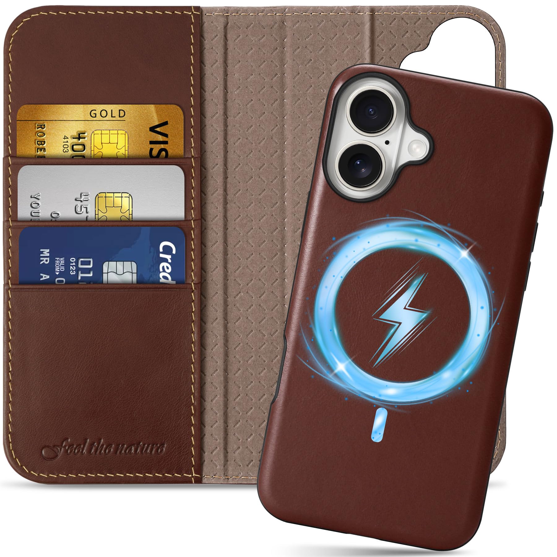 SHIELDON Case for iPhone 16 Plus, Genuine Leather Detachable 2 in 1 Wallet Kickstand RFID Blocking Card Holder Magnetic Shockproof Wireless Charging Compatible with iPhone 16 Plus - Retro Coffee
