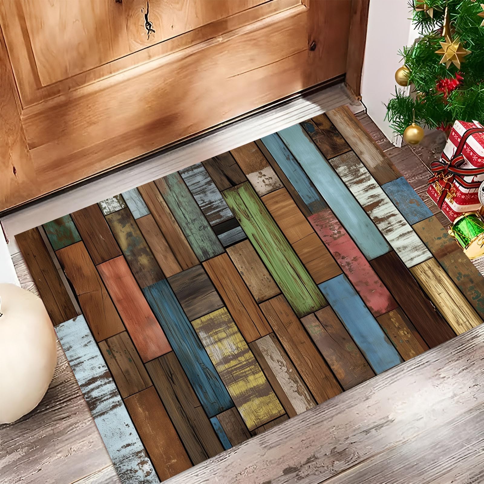 Fußmatte Innen und Außen 90 x 150 cm,Holzstreifenstruktur rutschfeste Fußmatte Outdoor,Retro-Holzmaserung Fussmatte Aussen Gummi,Schmutzfangmatte Waschbar,Fussmatten Haustür, Braun